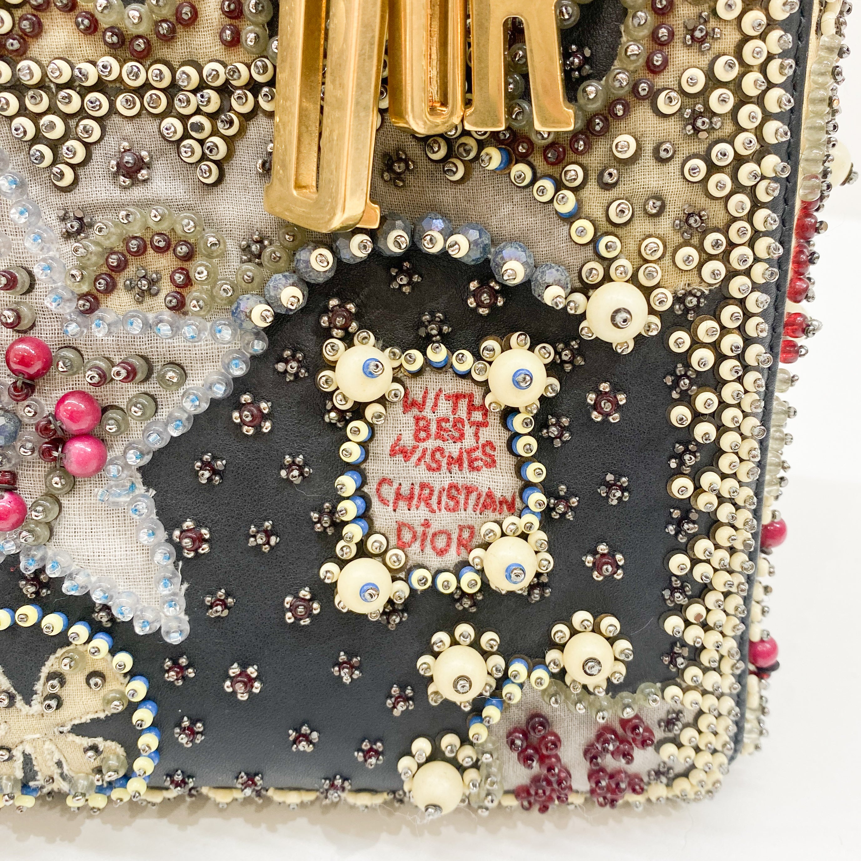 Lady Dior Black Leather Embroided Beads Bag
