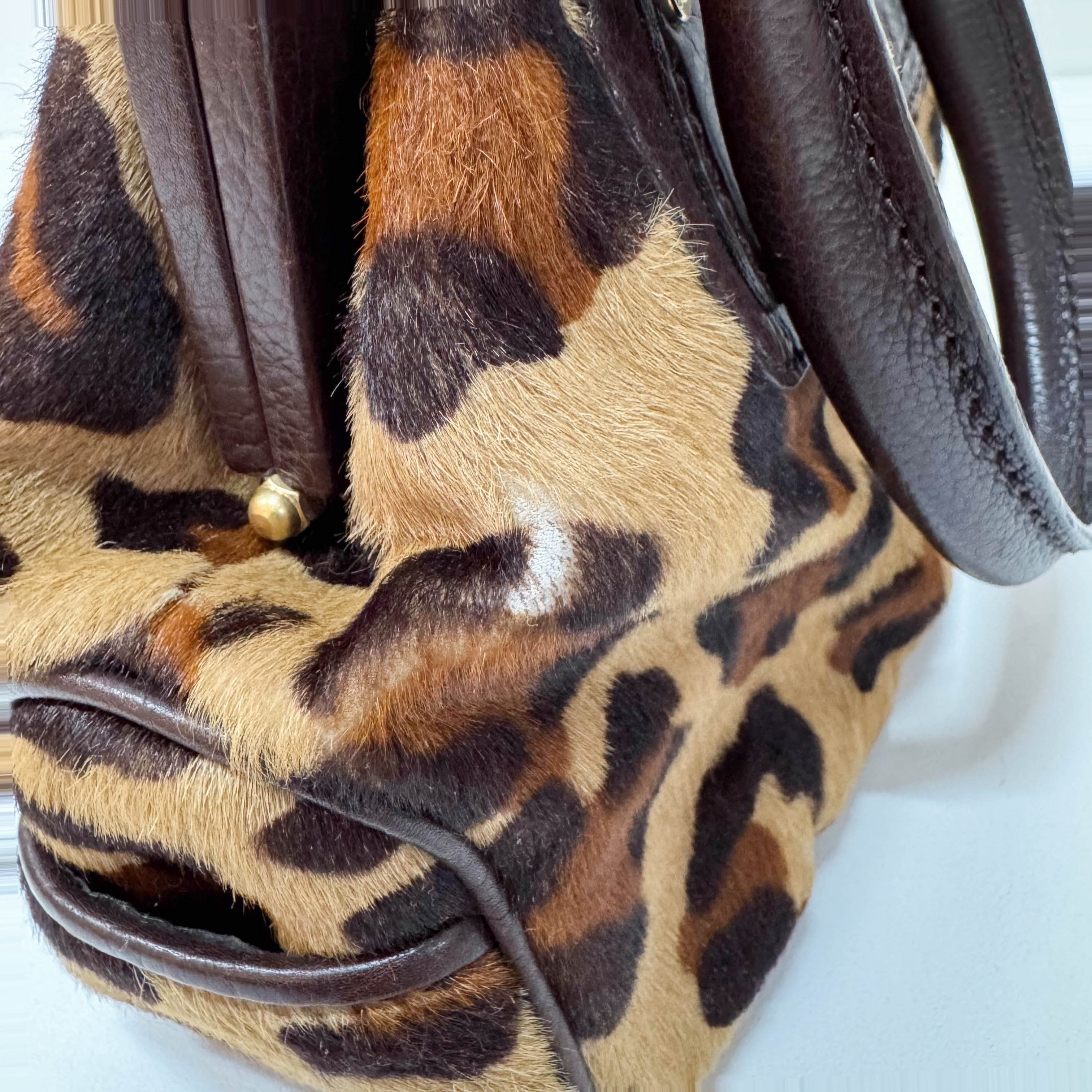 Leopard Print Pony Hair Top Handle Bag