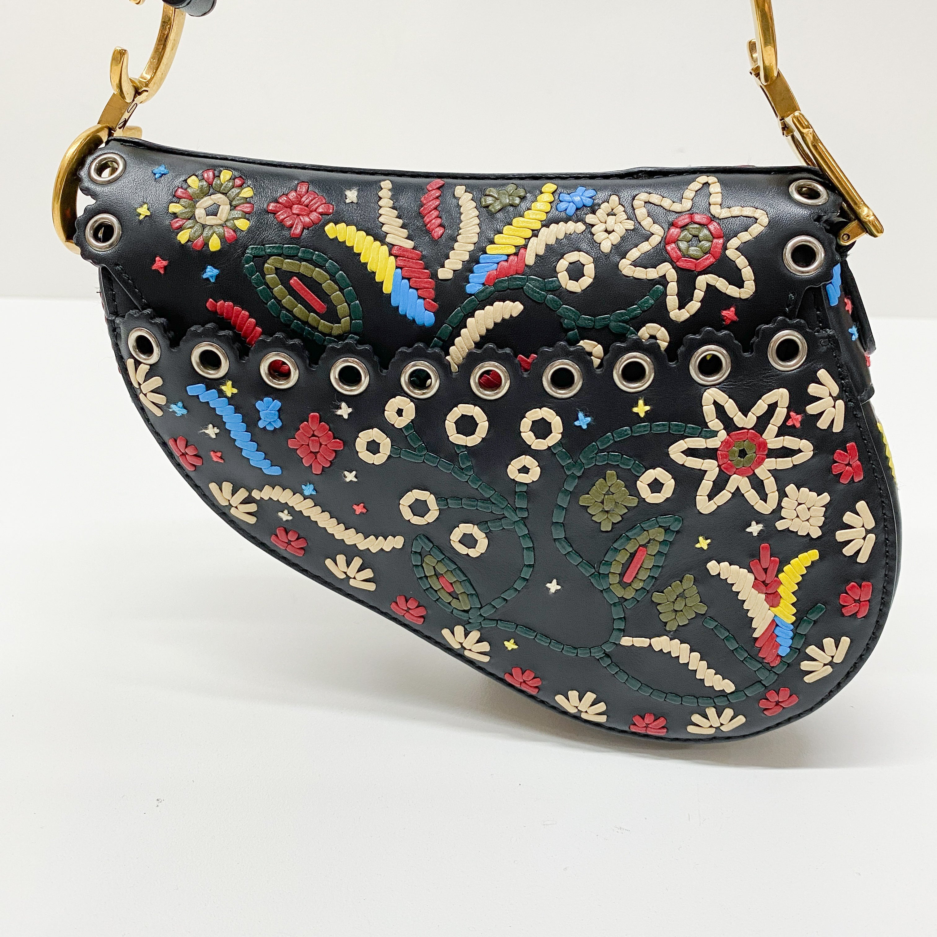 Saddle Multi-color Embroidered Leather Hand Bag