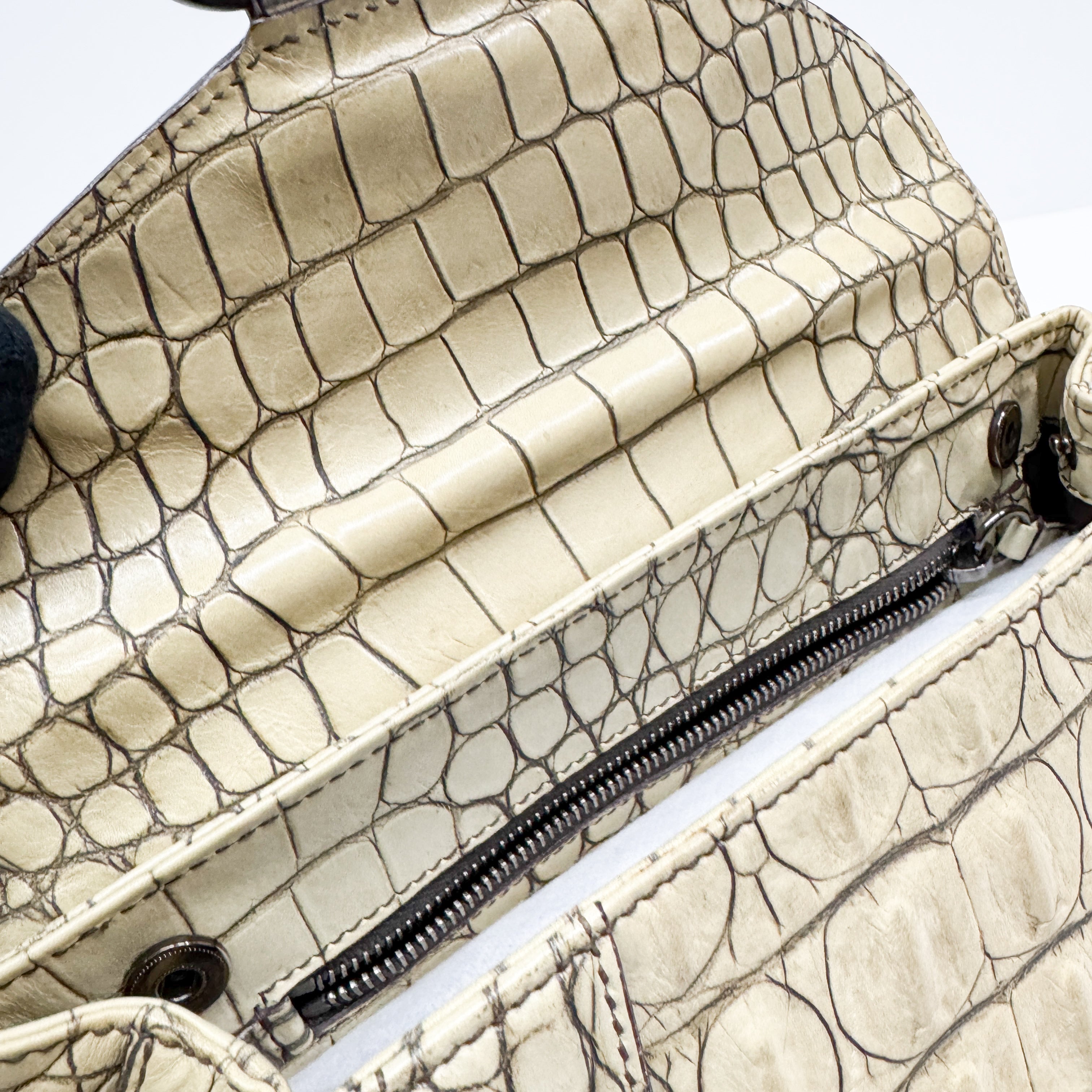 Vintage Beige Croc Embossed Leather Shoulder Bag