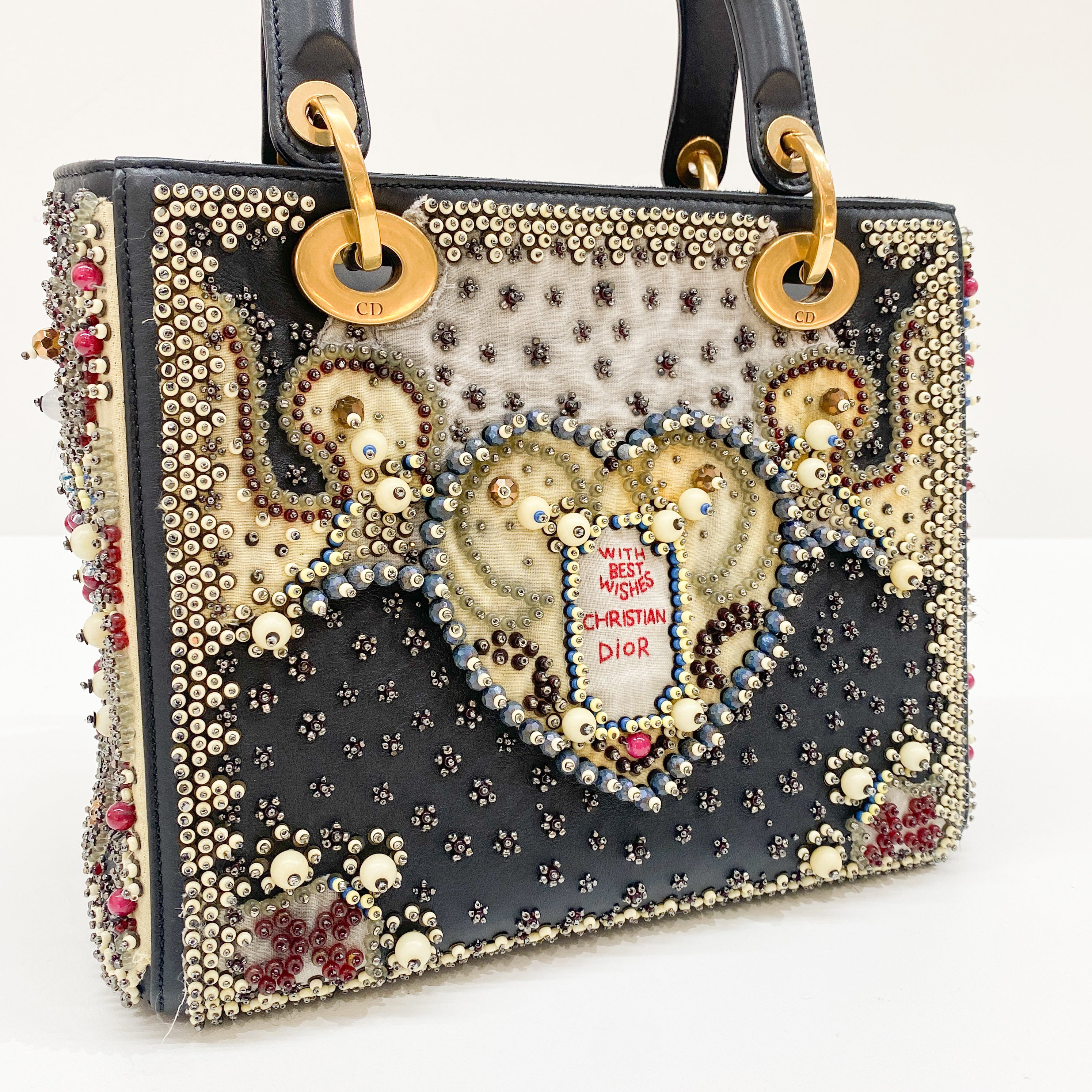 Lady Dior Black Leather Embroided Beads Bag