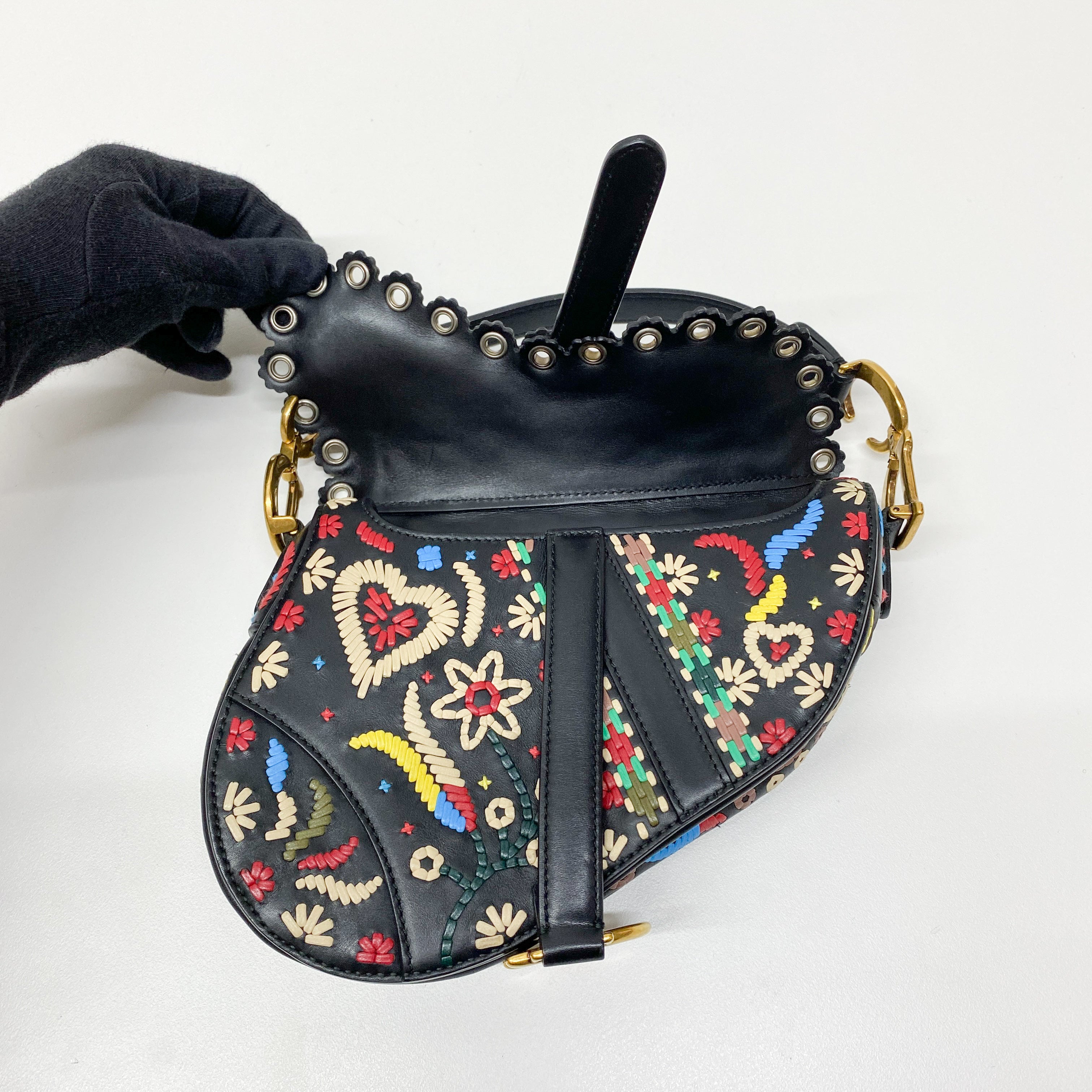 Saddle Multi-color Embroidered Leather Hand Bag