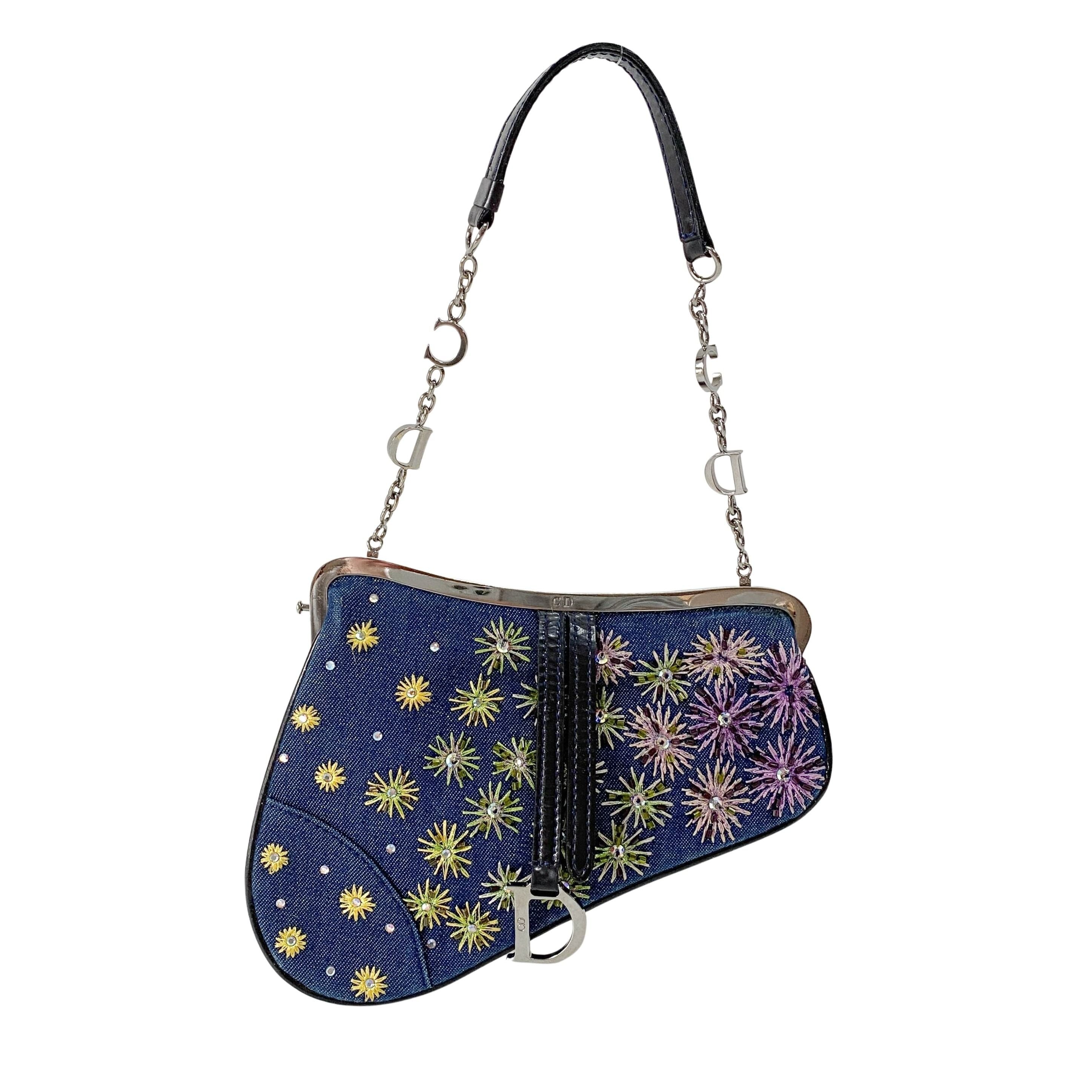 Saddle Denim Bead Embroidery Mini Chain Handle Bag