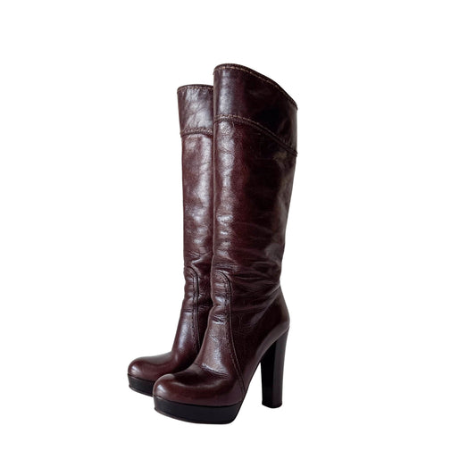 Size 36 1/2 Brown Leather Tall Heel Boots