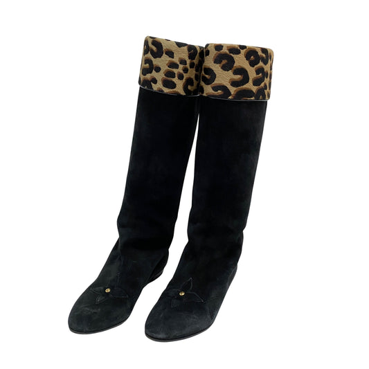 35 1/2 Black Suede Leopard Print Pony Hair Tall Boots
