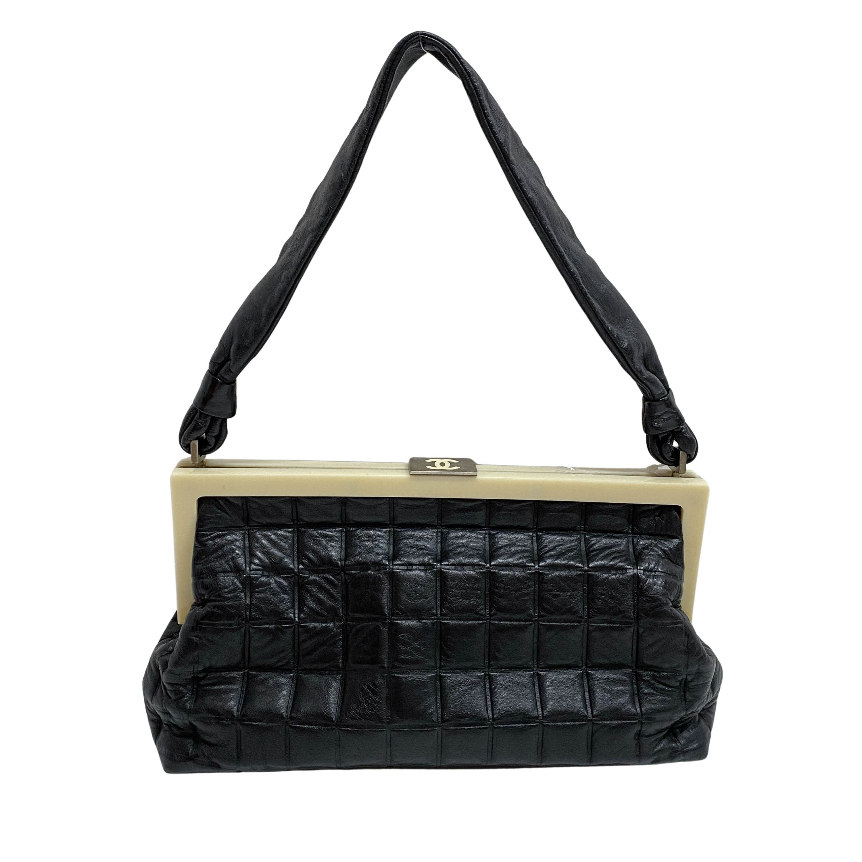 Vintage Chocolate Bar Black Quilted Lambskin Shoulder Bag