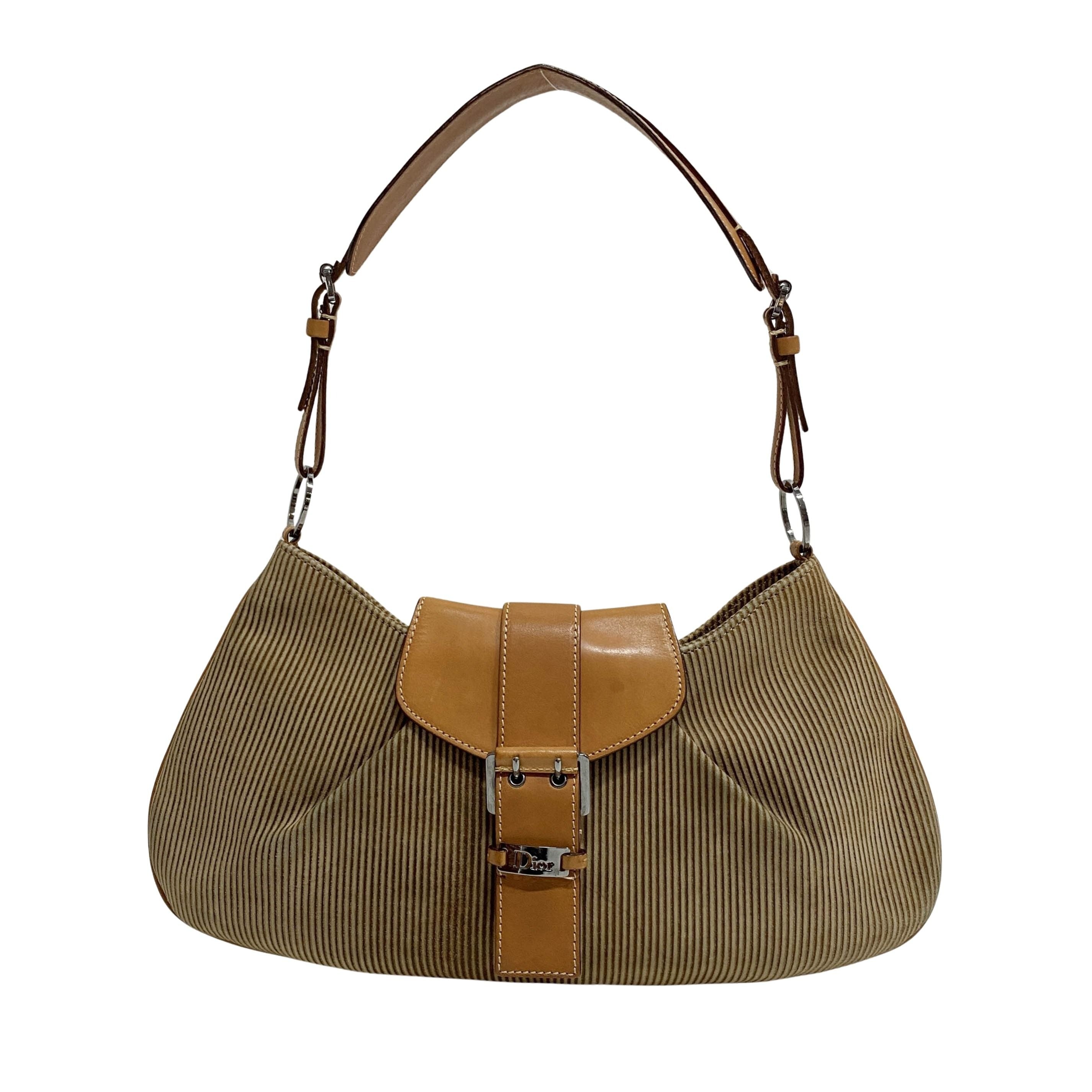 Beige Striped Suede Hobo Shoulder Bag