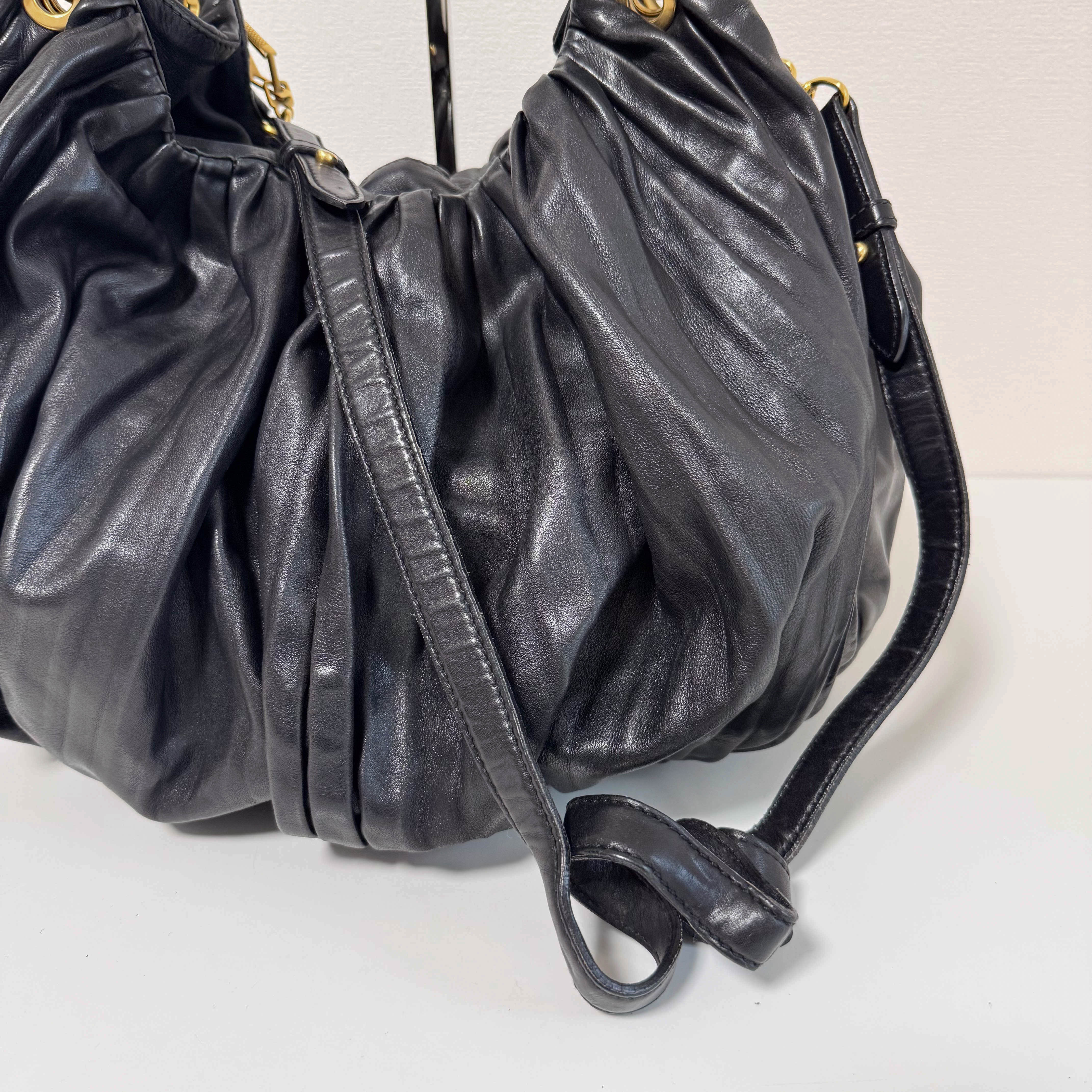 Pleated Leather Black Gold Hardware Shoulder Bag