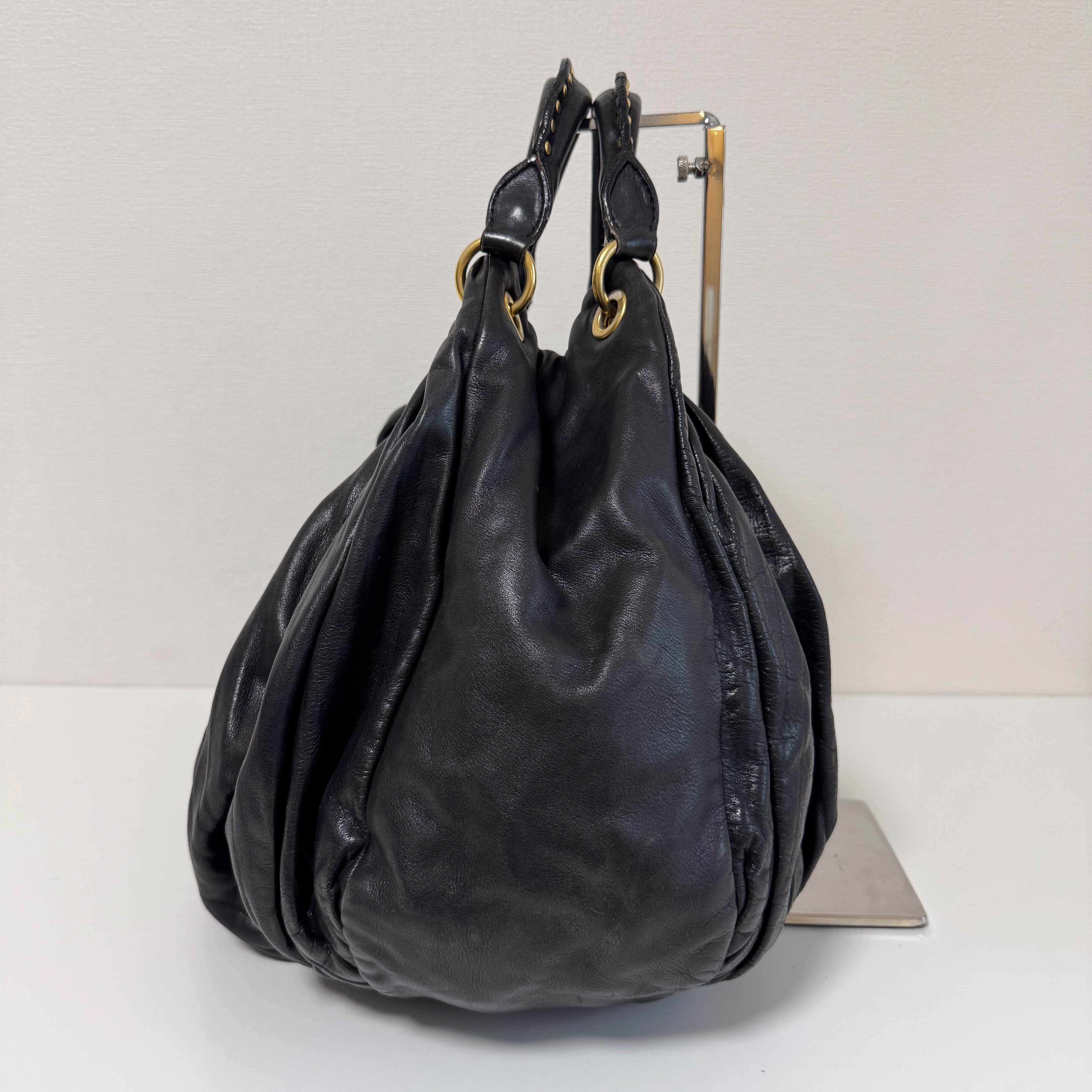 Pleated Leather Black Gold Hardware Shoulder Bag