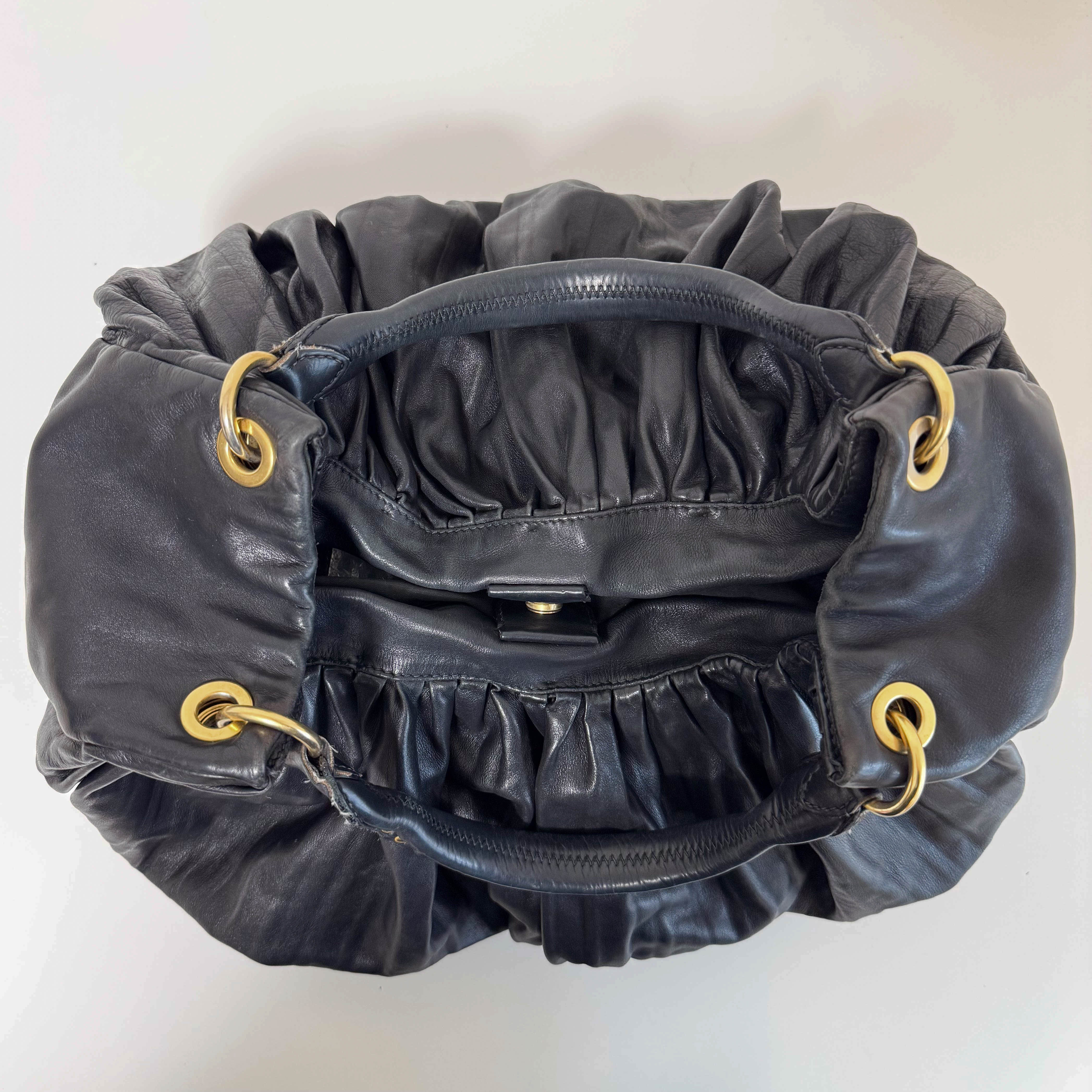 Pleated Leather Black Gold Hardware Shoulder Bag