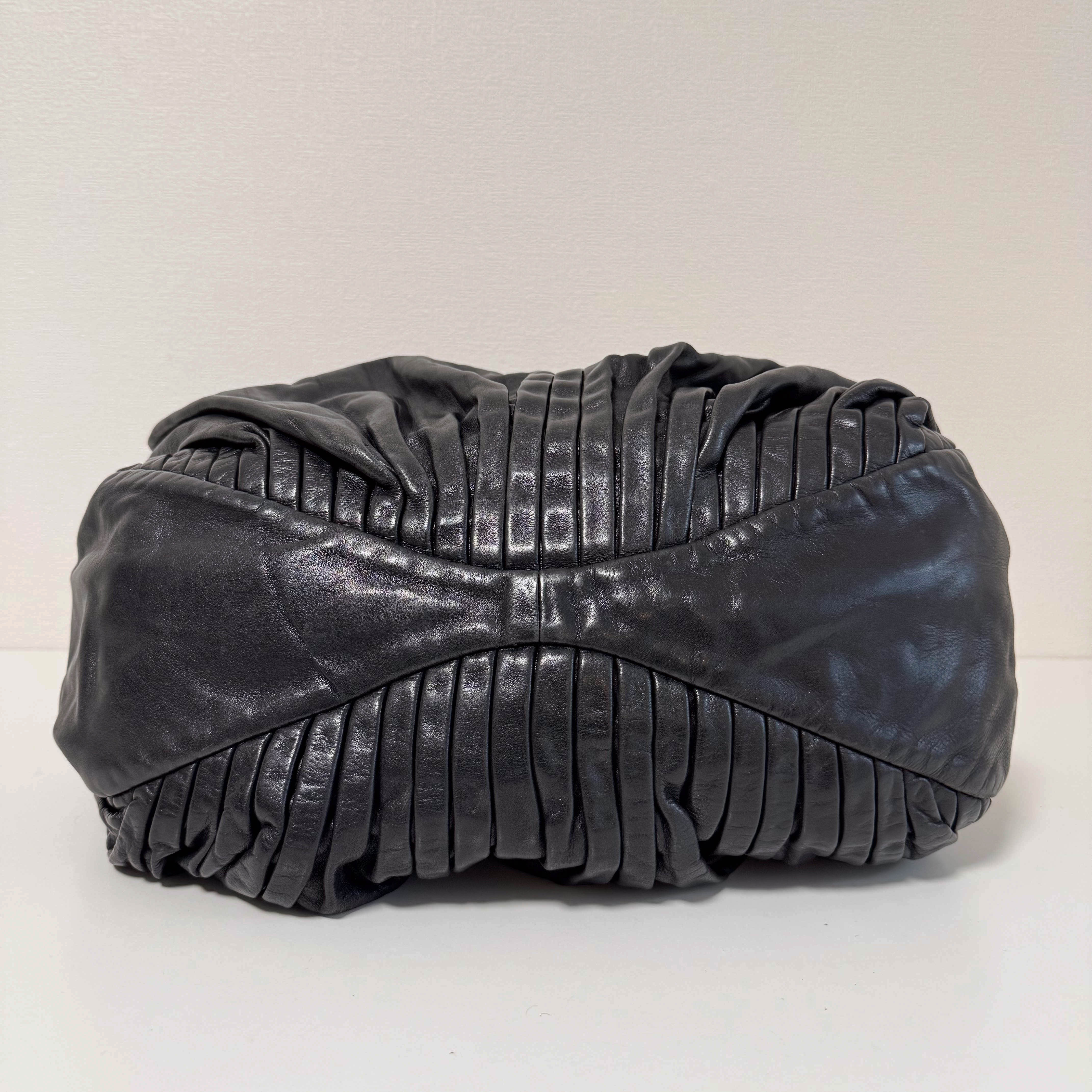 Pleated Leather Black Gold Hardware Shoulder Bag