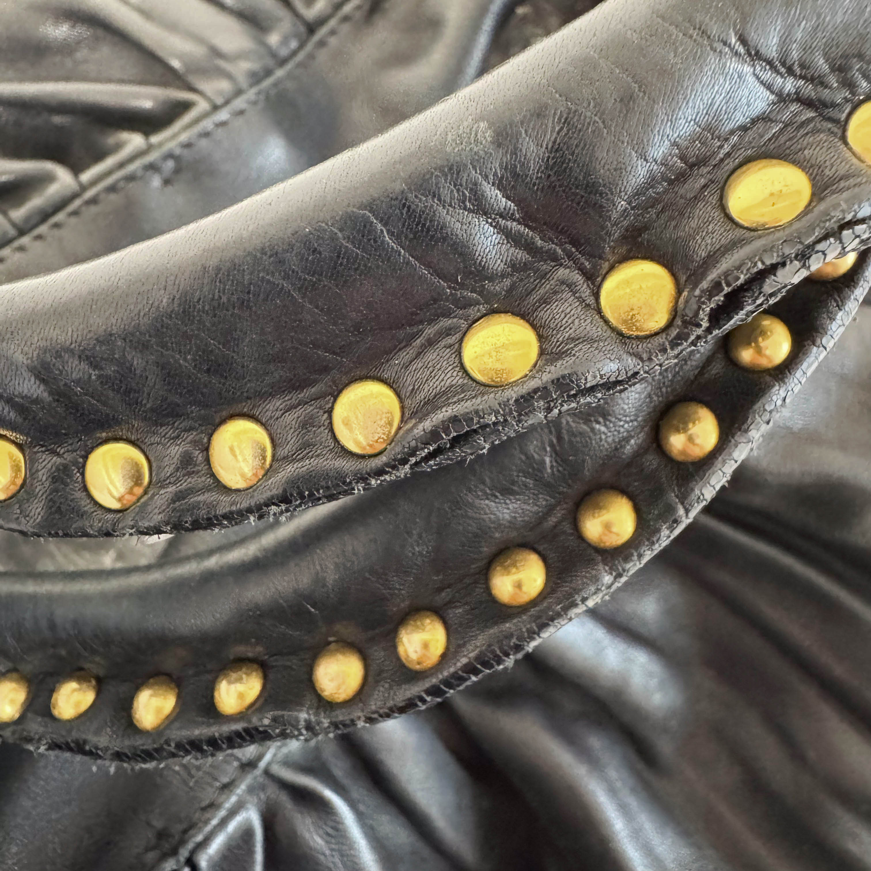 Pleated Leather Black Gold Hardware Shoulder Bag