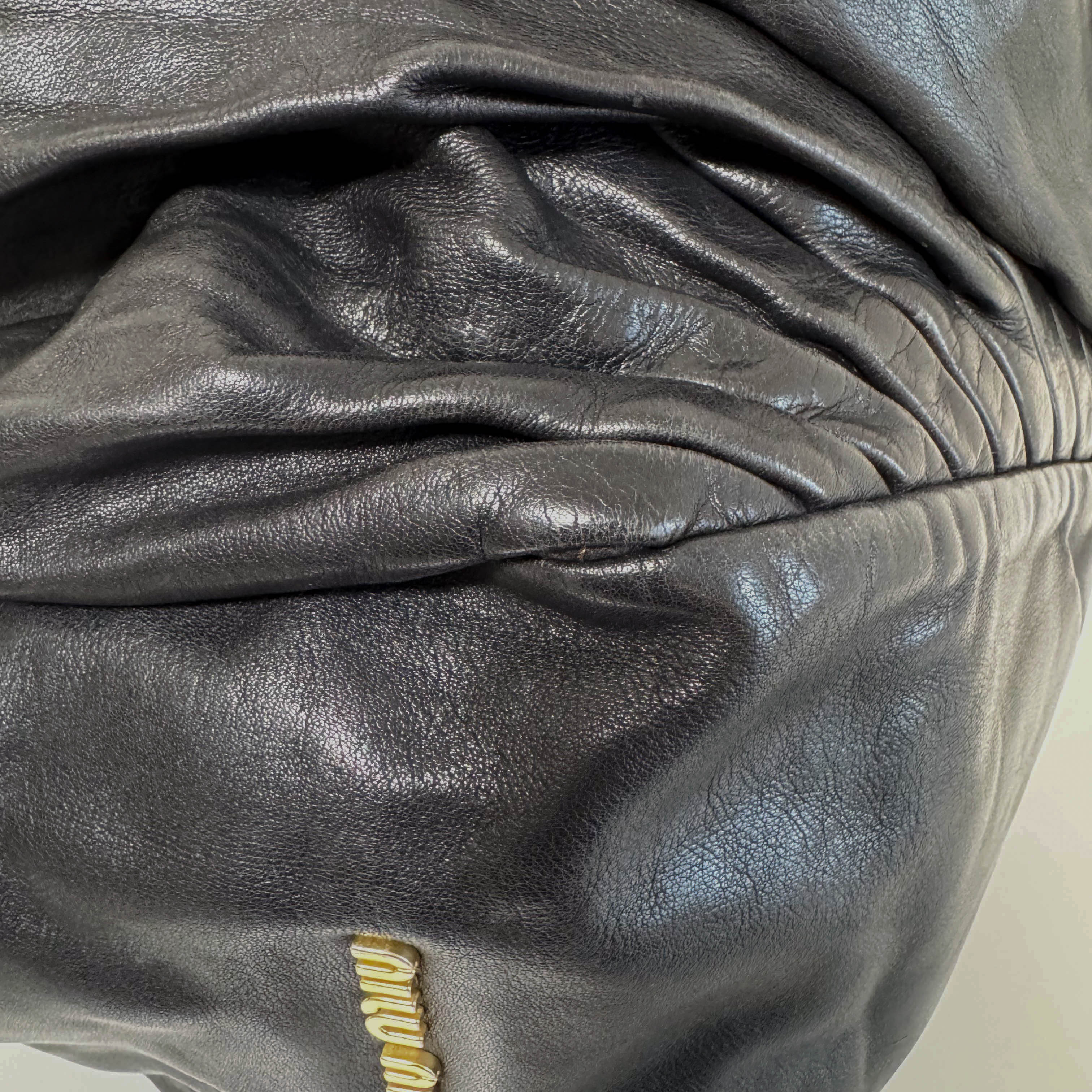 Pleated Leather Black Gold Hardware Shoulder Bag