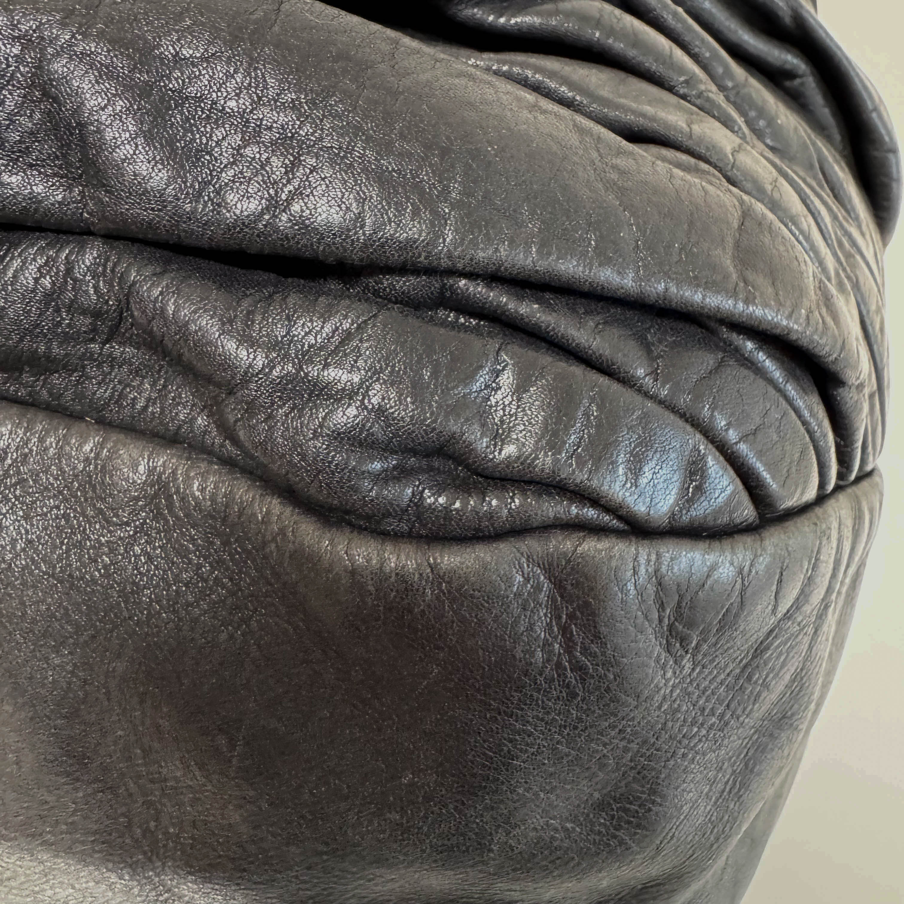 Pleated Leather Black Gold Hardware Shoulder Bag