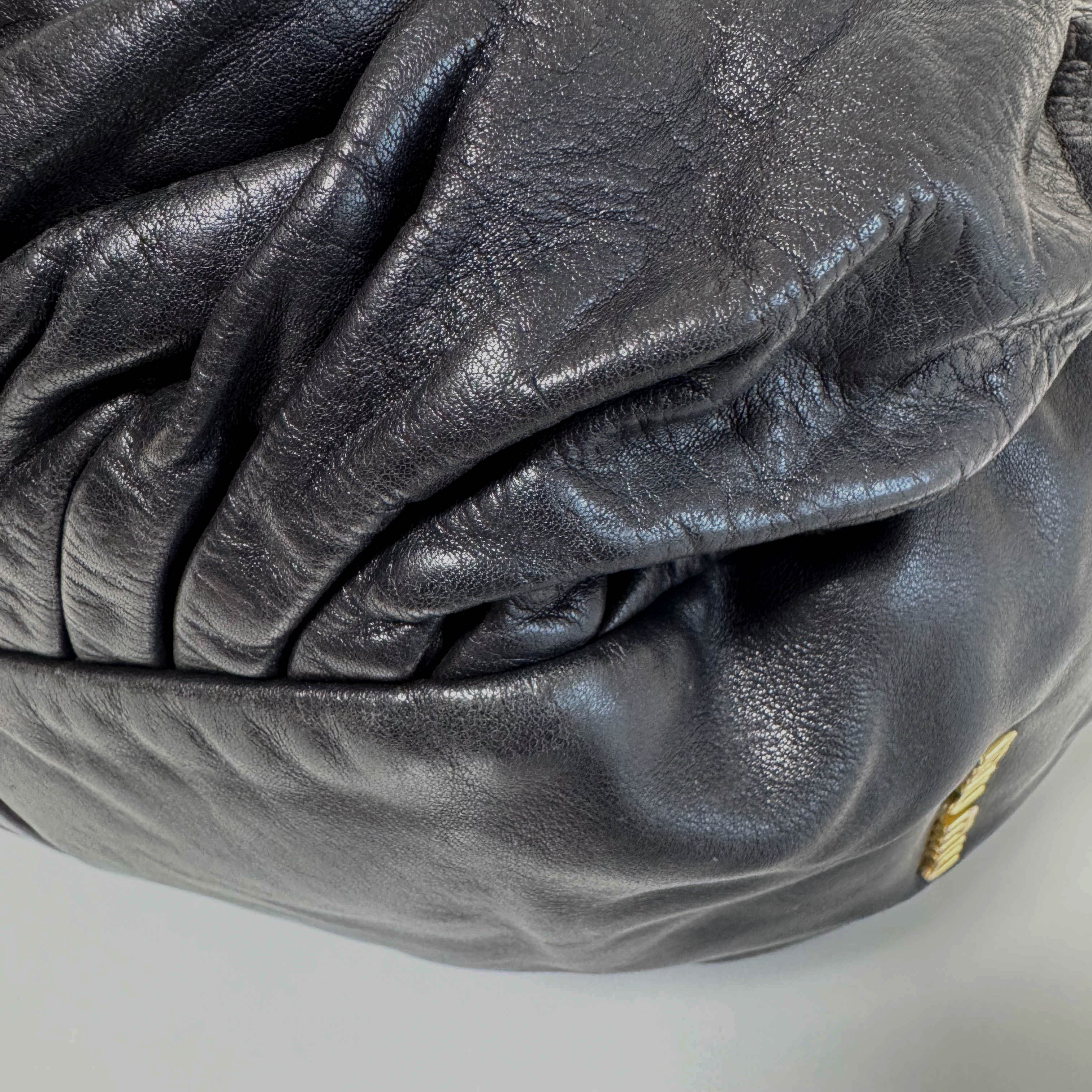 Pleated Leather Black Gold Hardware Shoulder Bag