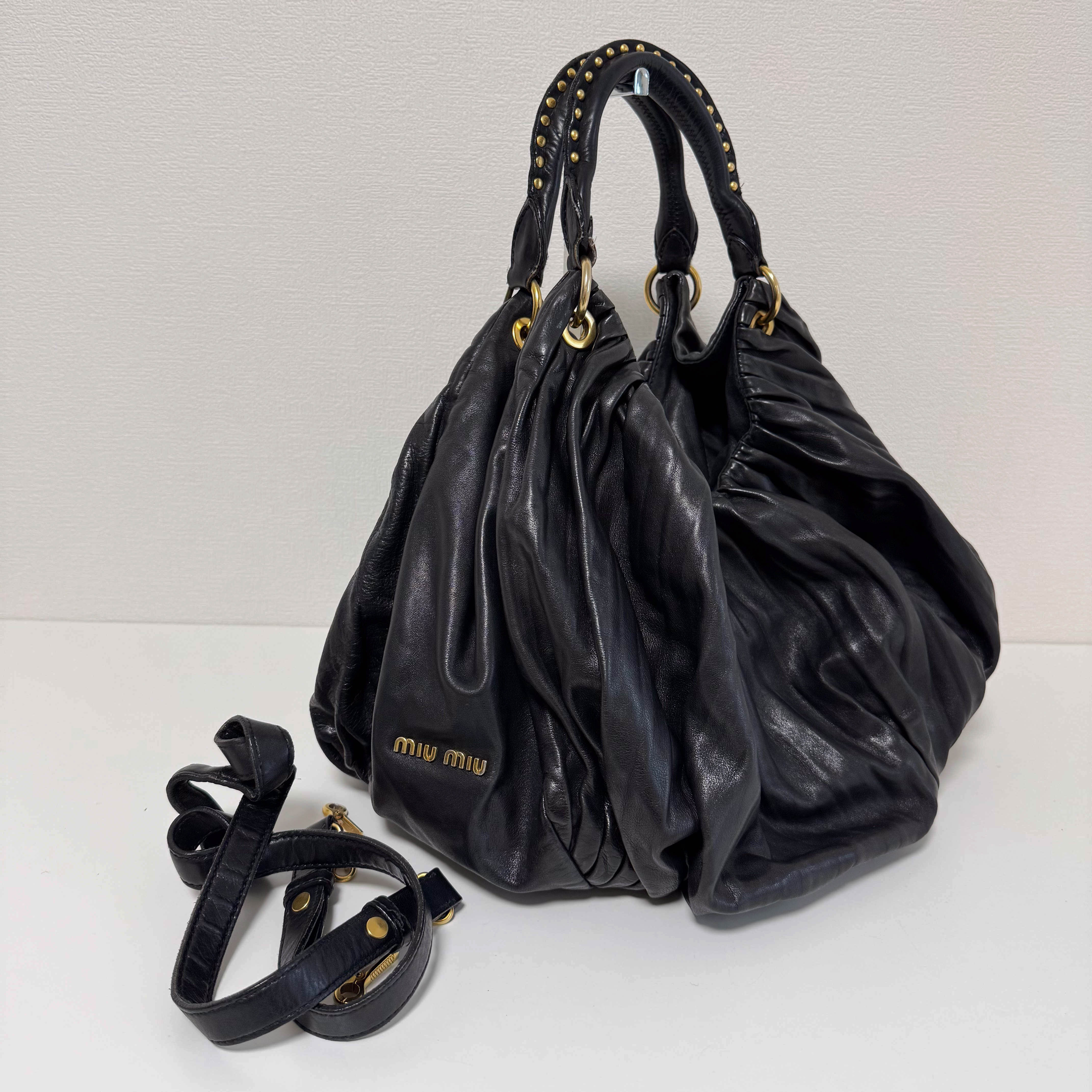 Pleated Leather Black Gold Hardware Shoulder Bag