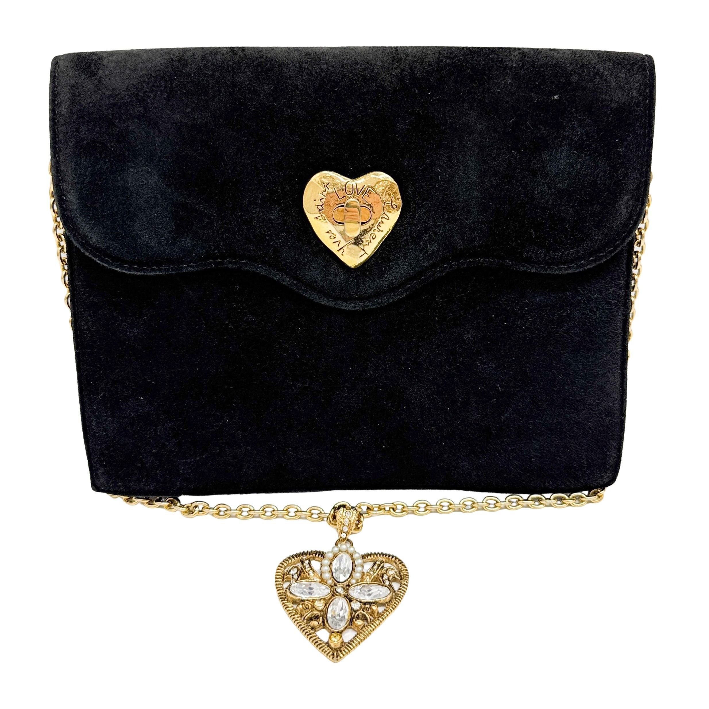 Black Heart Hardware Suede Chain Shoulder Bag