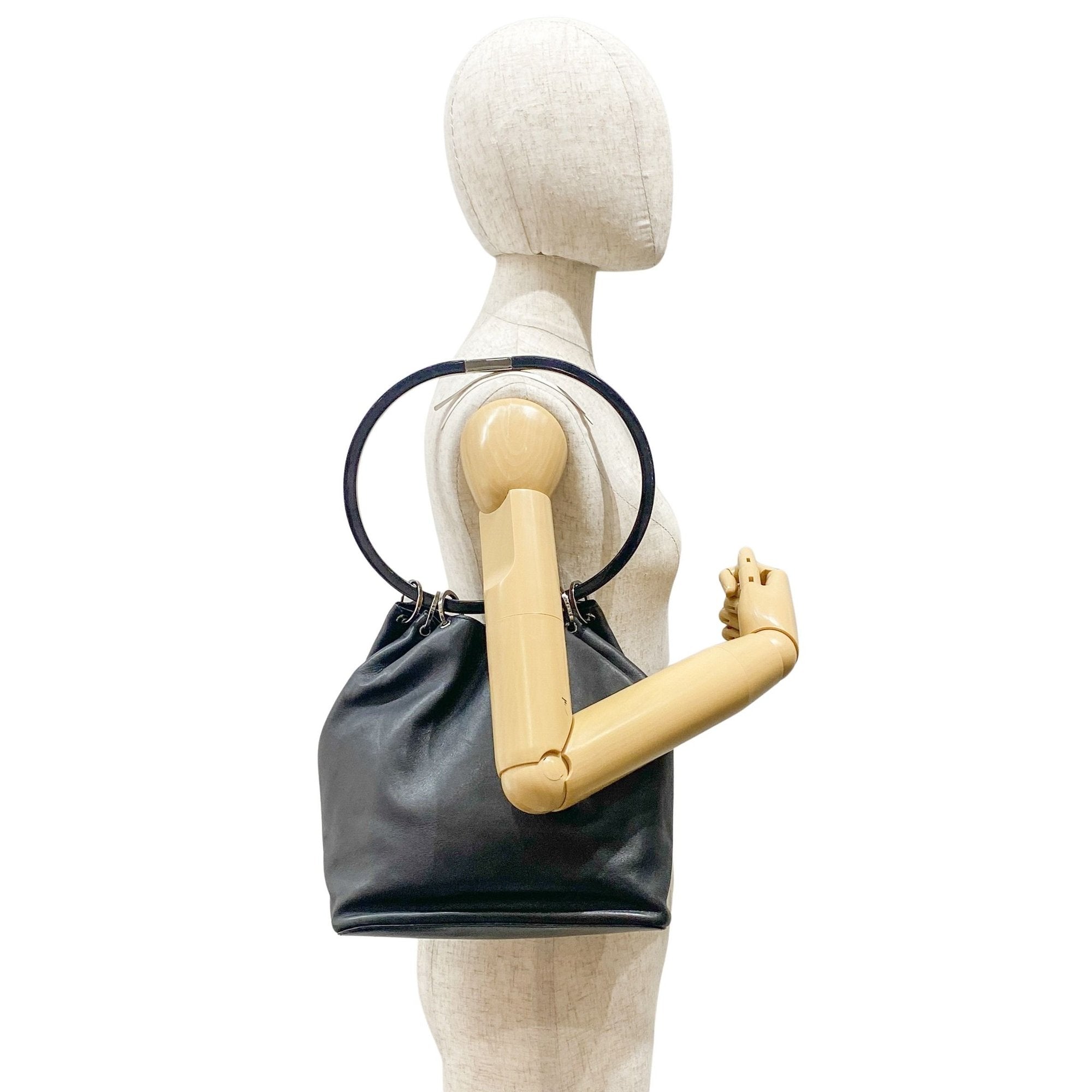 Black Leather with Acrylic Handle Tote Bag