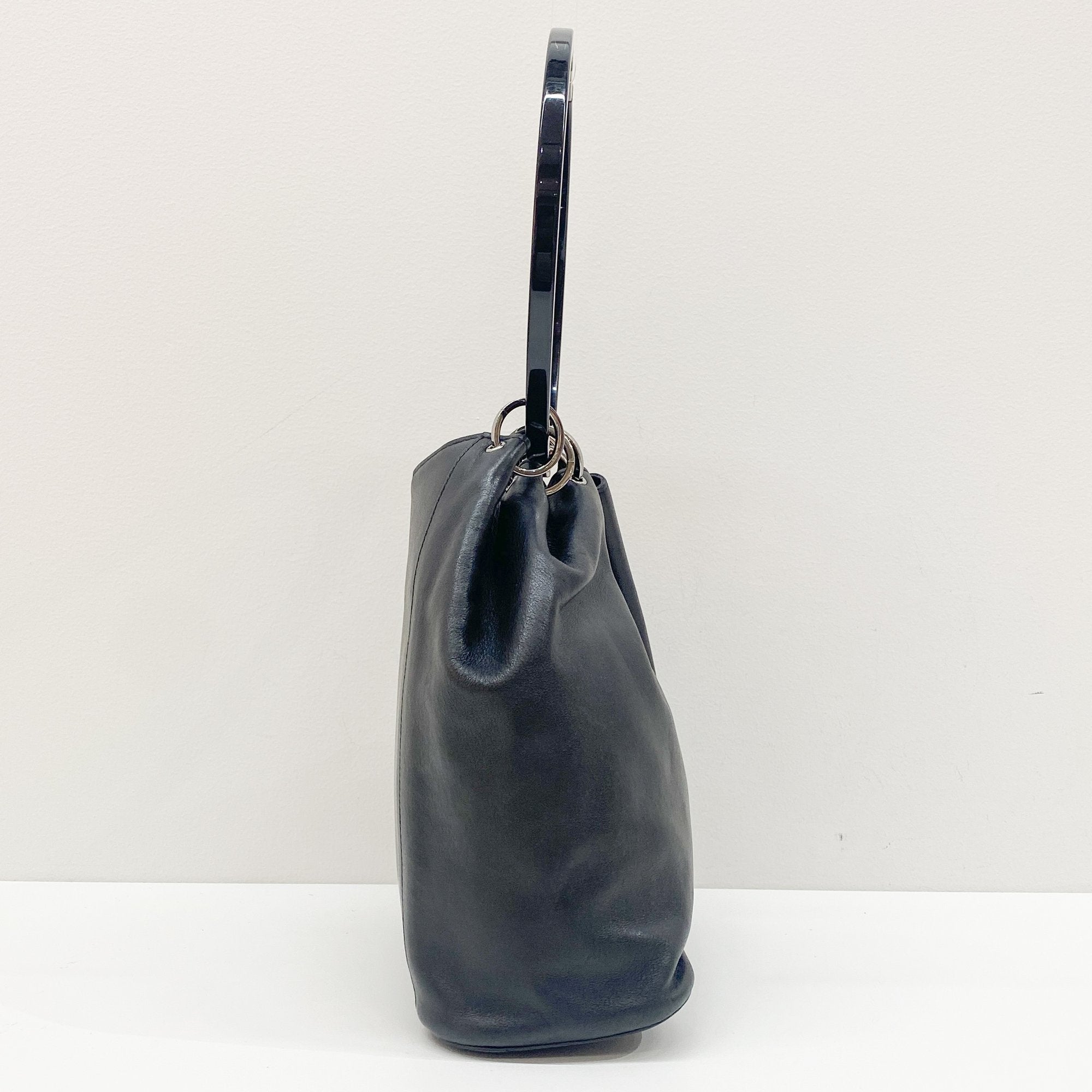 Black Leather with Acrylic Handle Tote Bag