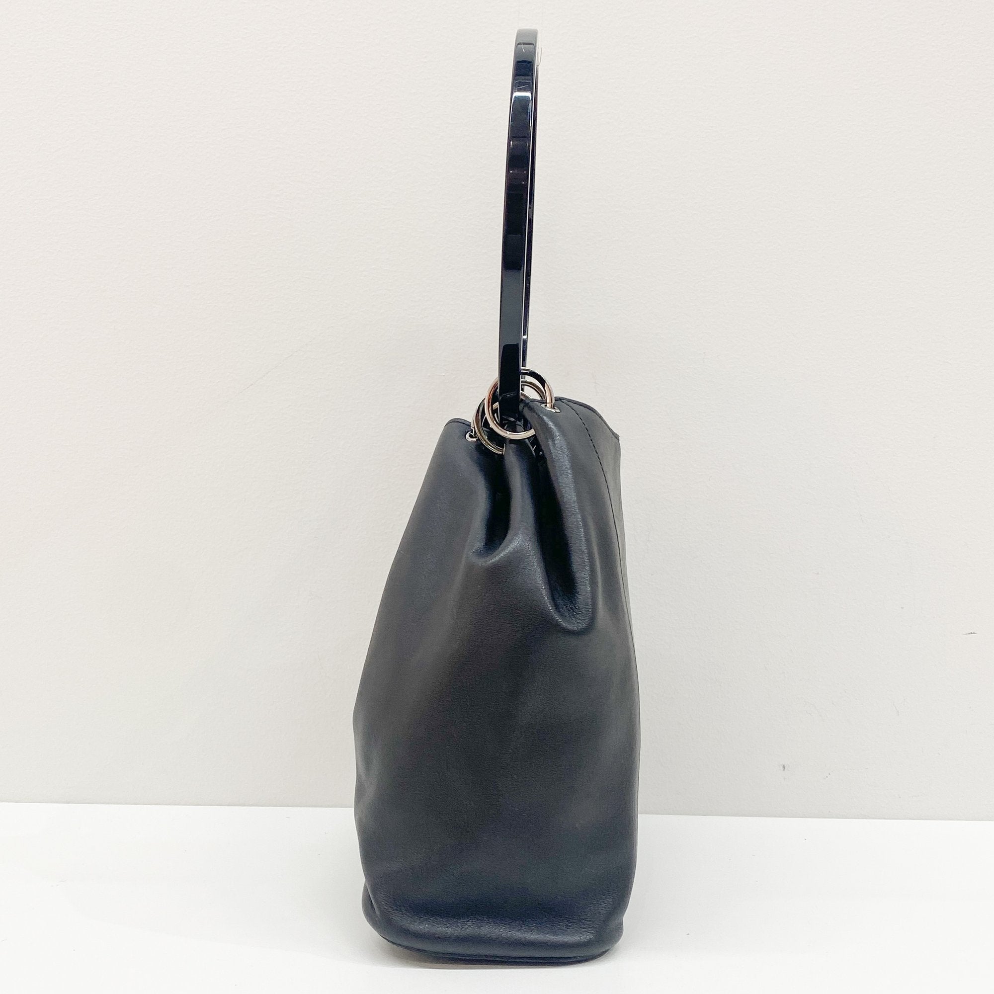 Black Leather with Acrylic Handle Tote Bag