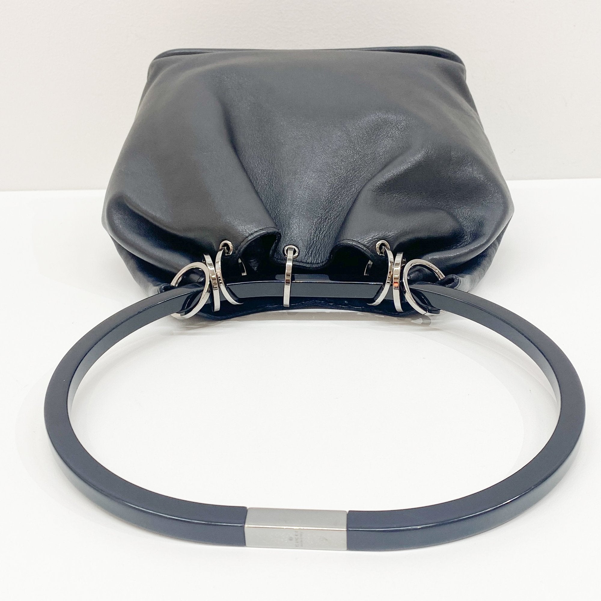 Black Leather with Acrylic Handle Tote Bag