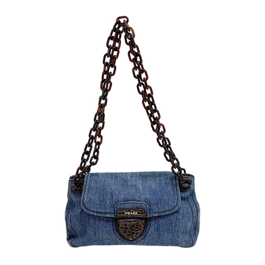 Crocodile Embossed Blue Denim Chain Shoulder Bag