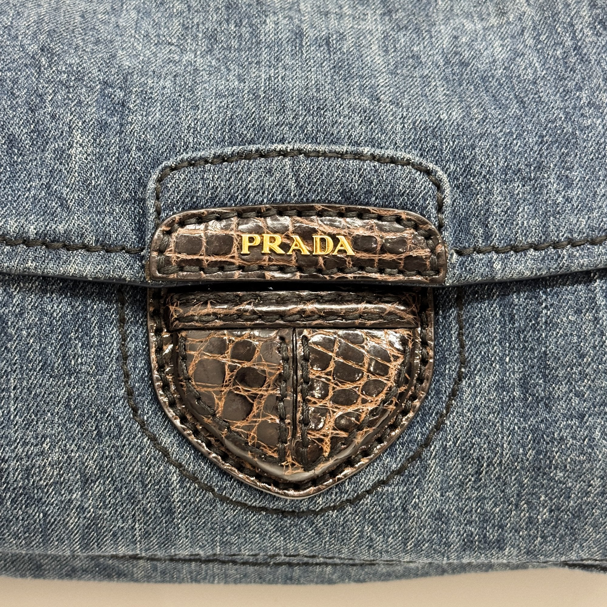 Crocodile Embossed Blue Denim Chain Shoulder Bag