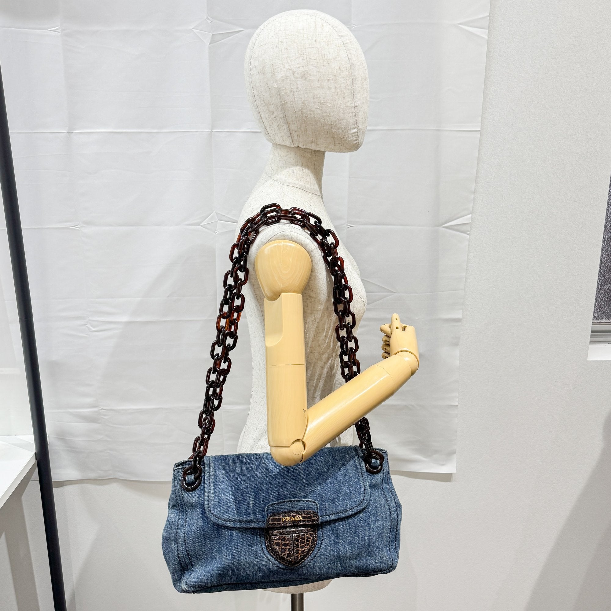 Crocodile Embossed Blue Denim Chain Shoulder Bag