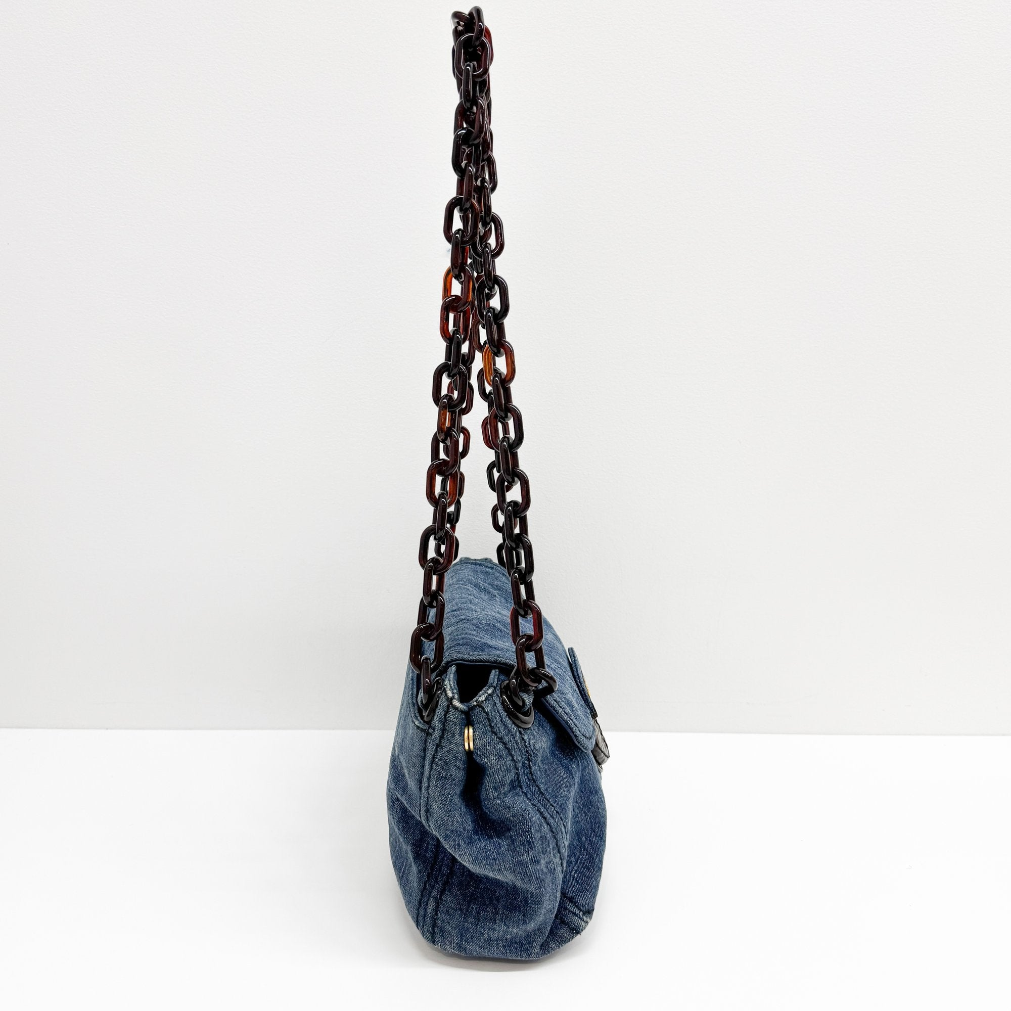Crocodile Embossed Blue Denim Chain Shoulder Bag