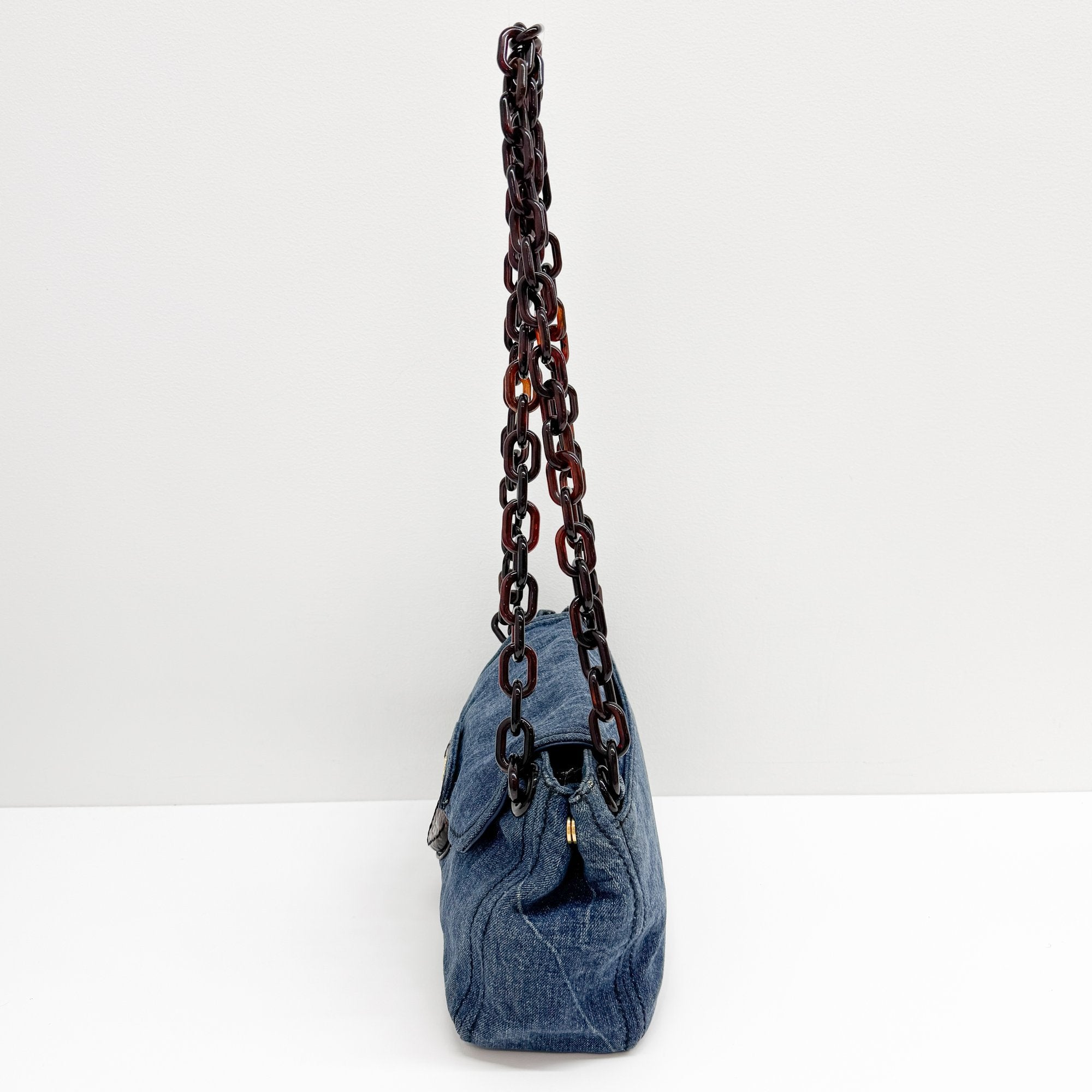 Crocodile Embossed Blue Denim Chain Shoulder Bag