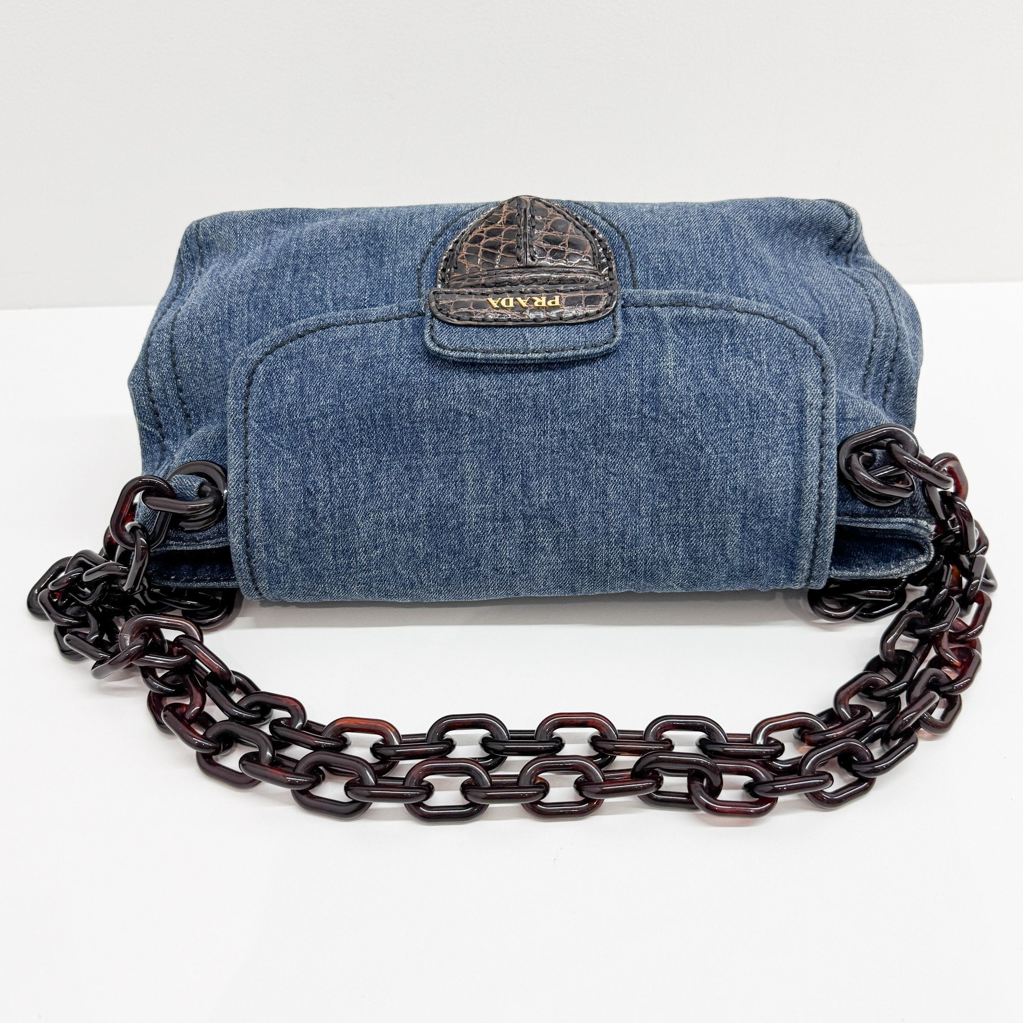 Crocodile Embossed Blue Denim Chain Shoulder Bag