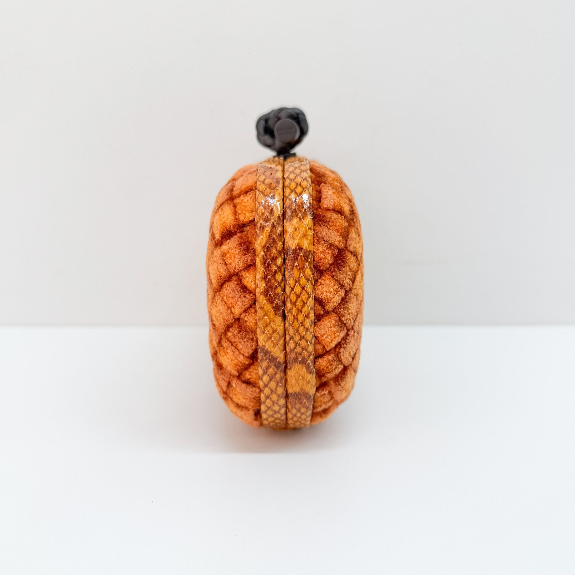 Embossed Python Lining Orange Intrecciato Knot Clutch