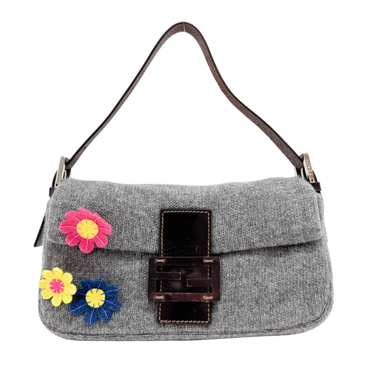 Baguette Grey Floral Embossed Wool Shoulder Bag