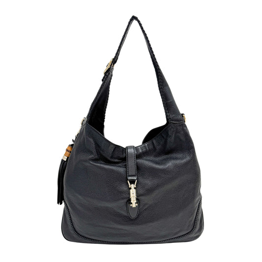Jackie GG Black Leather Hobo Bag with Tassels