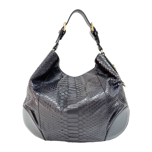 Black Python Embossed Studded Leather Shoulder Bag