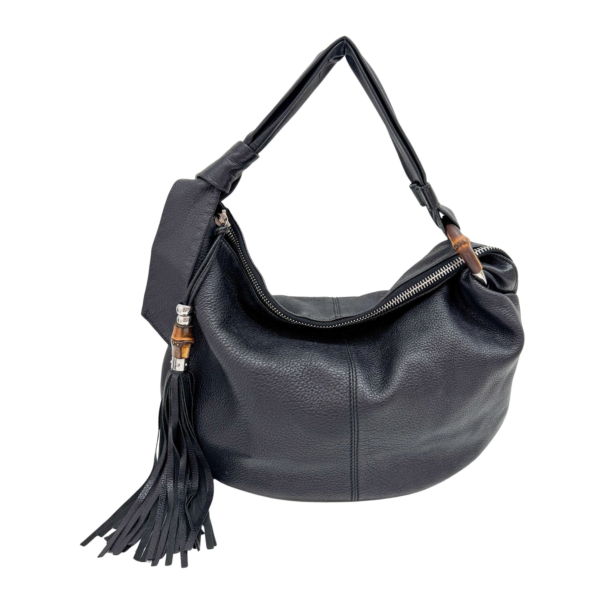 Black Leather Hobo Bag with Tassels