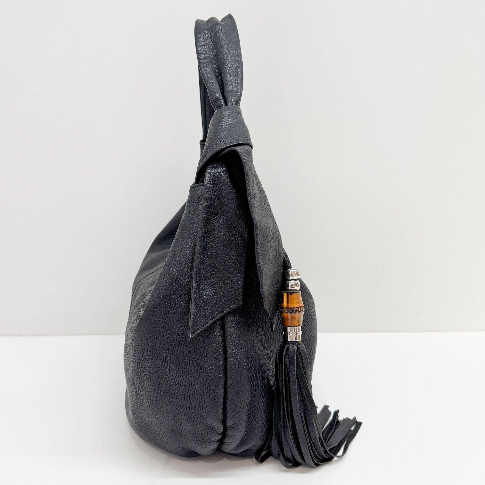 Black Leather Hobo Bag with Tassels