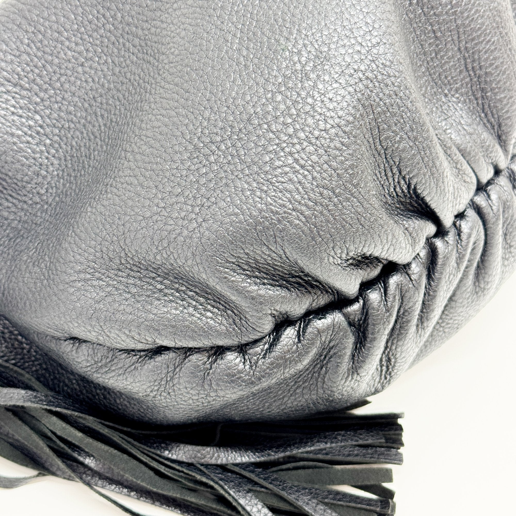 Black Leather Hobo Bag with Tassels