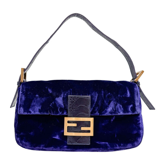 Baguette Blue Embroidered Velvet Shoulder Bag