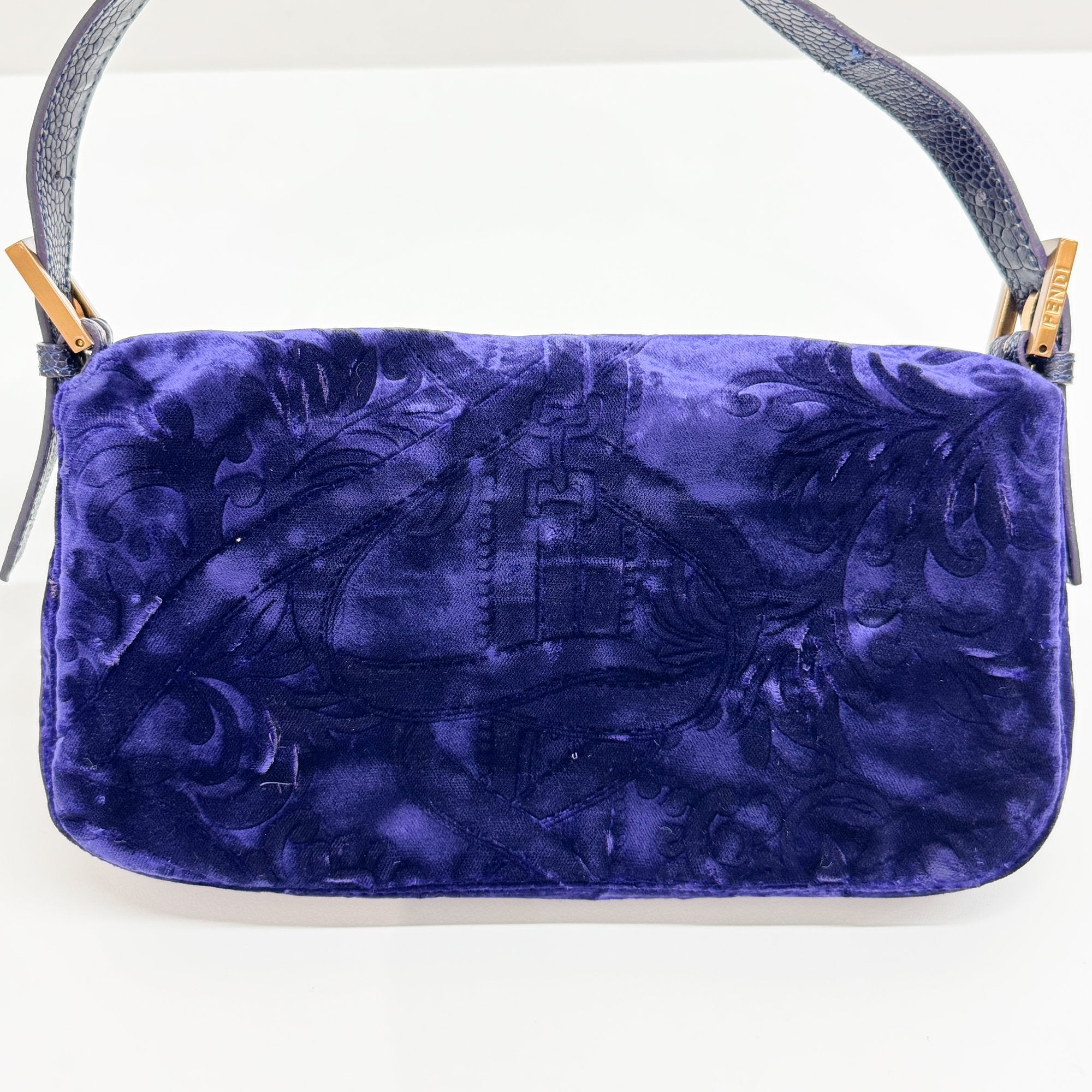 Baguette Blue Embroidered Velvet Shoulder Bag