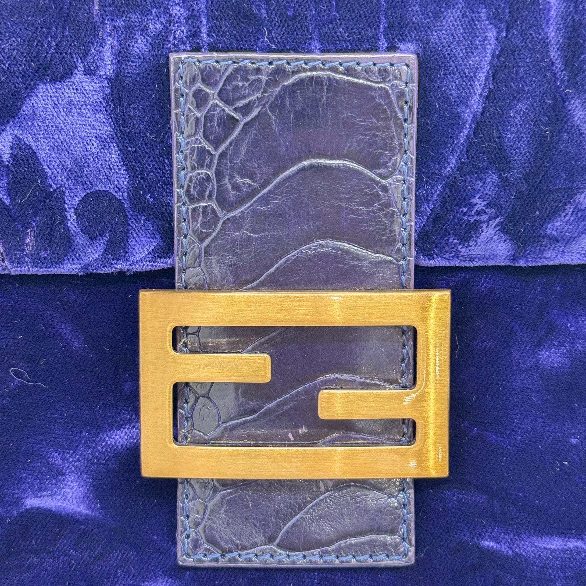 Baguette Blue Embroidered Velvet Shoulder Bag