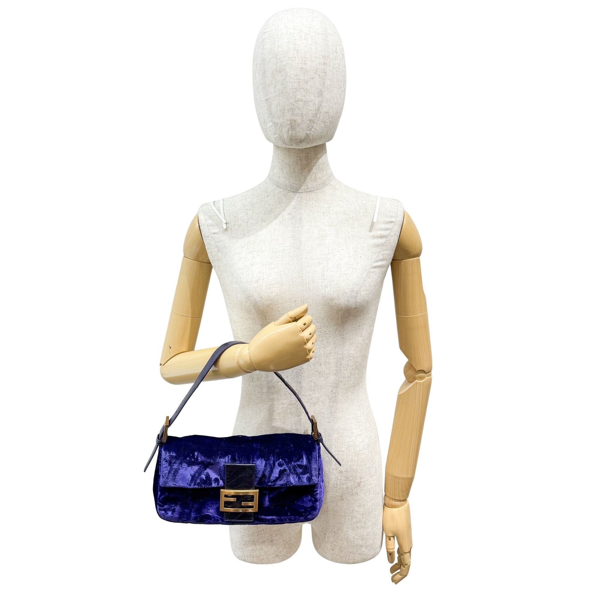 Baguette Blue Embroidered Velvet Shoulder Bag