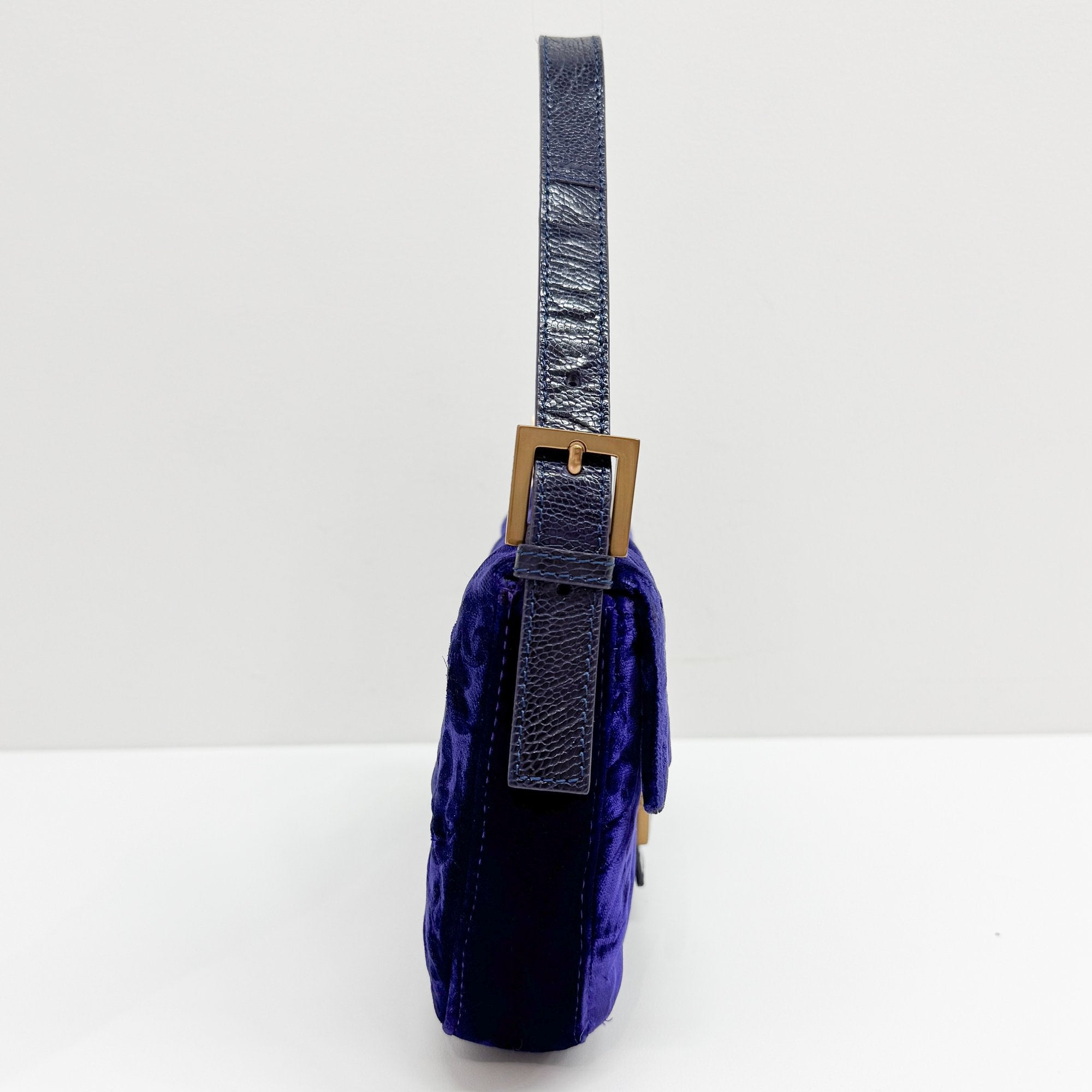 Baguette Blue Embroidered Velvet Shoulder Bag