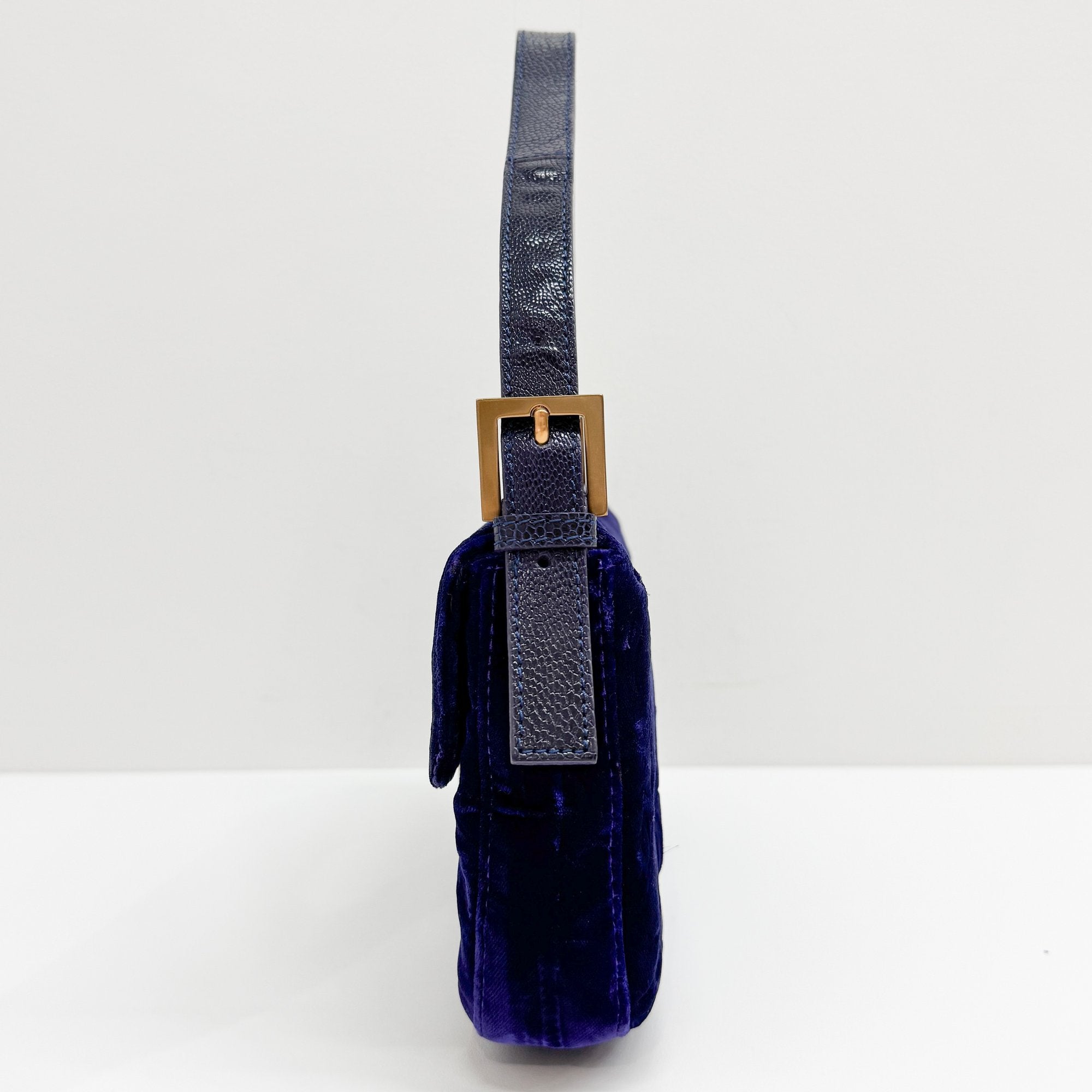 Baguette Blue Embroidered Velvet Shoulder Bag