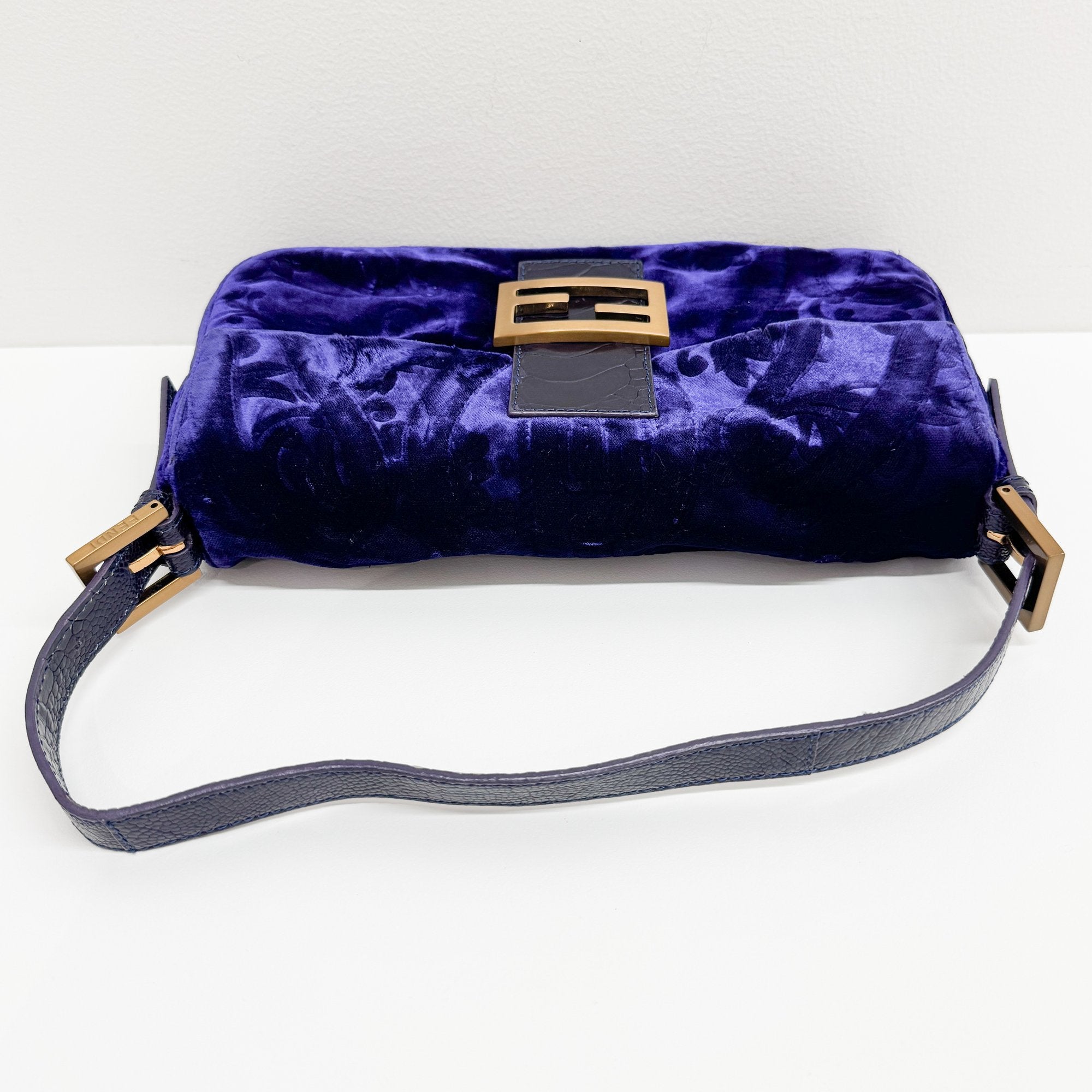 Baguette Blue Embroidered Velvet Shoulder Bag
