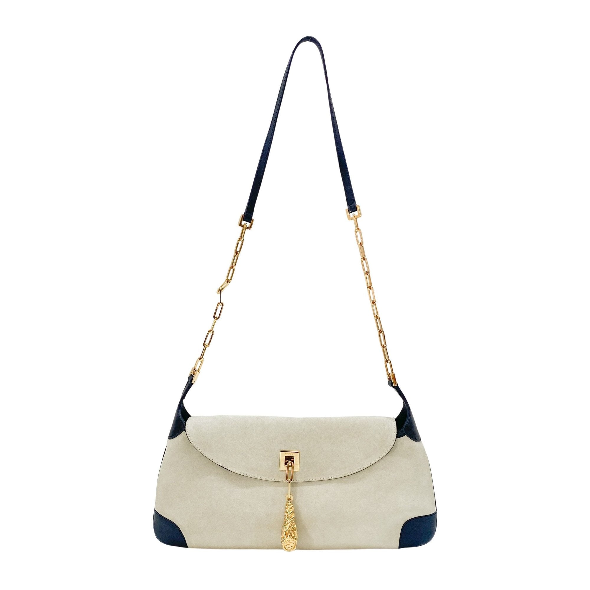 Gold Tiger Head Sand Beige Suede Shoulder Bag