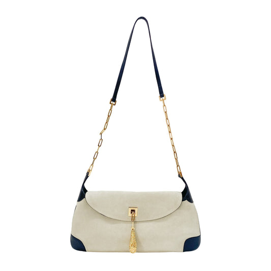 Gold Tiger Head Sand Beige Suede Shoulder Bag