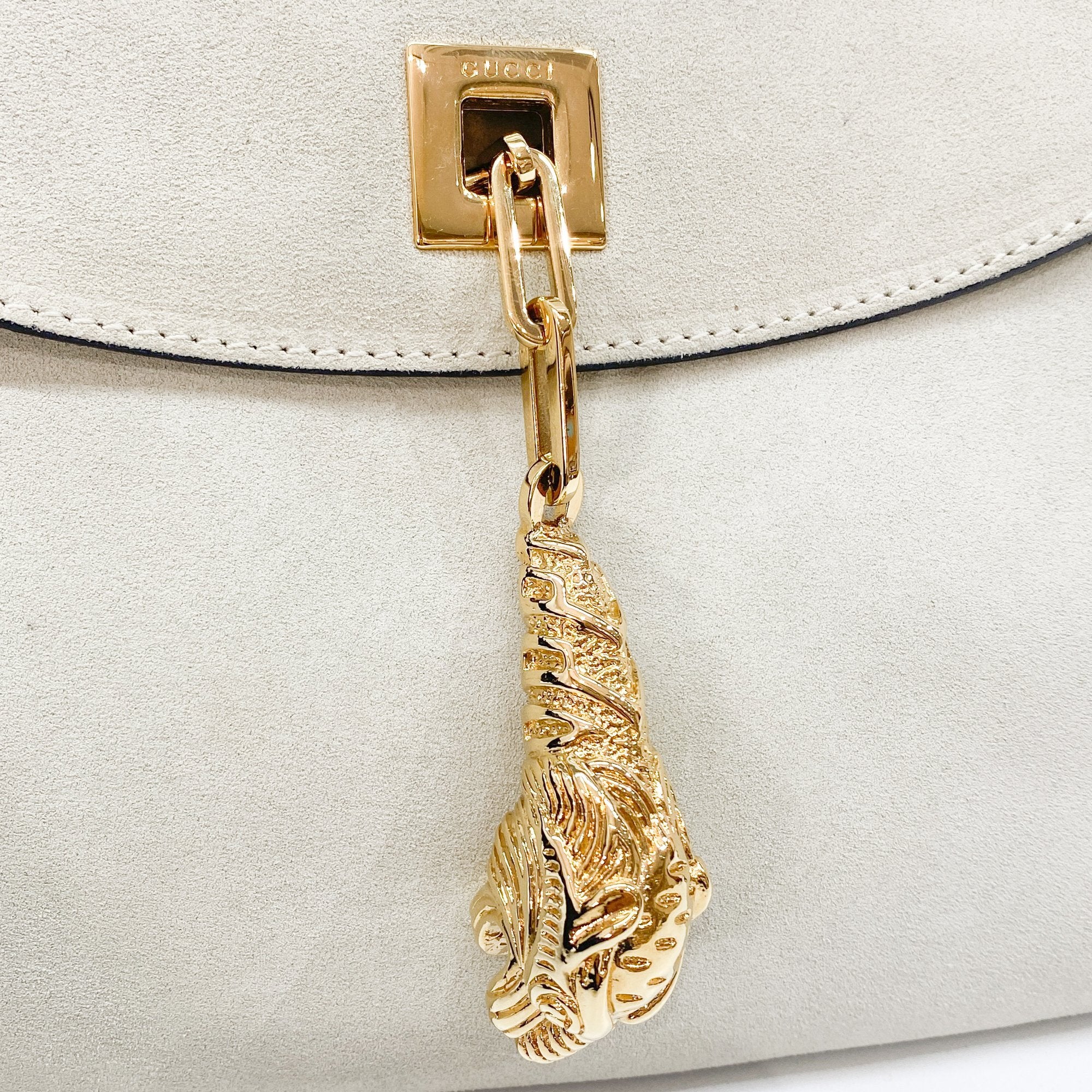 Gold Tiger Head Sand Beige Suede Shoulder Bag