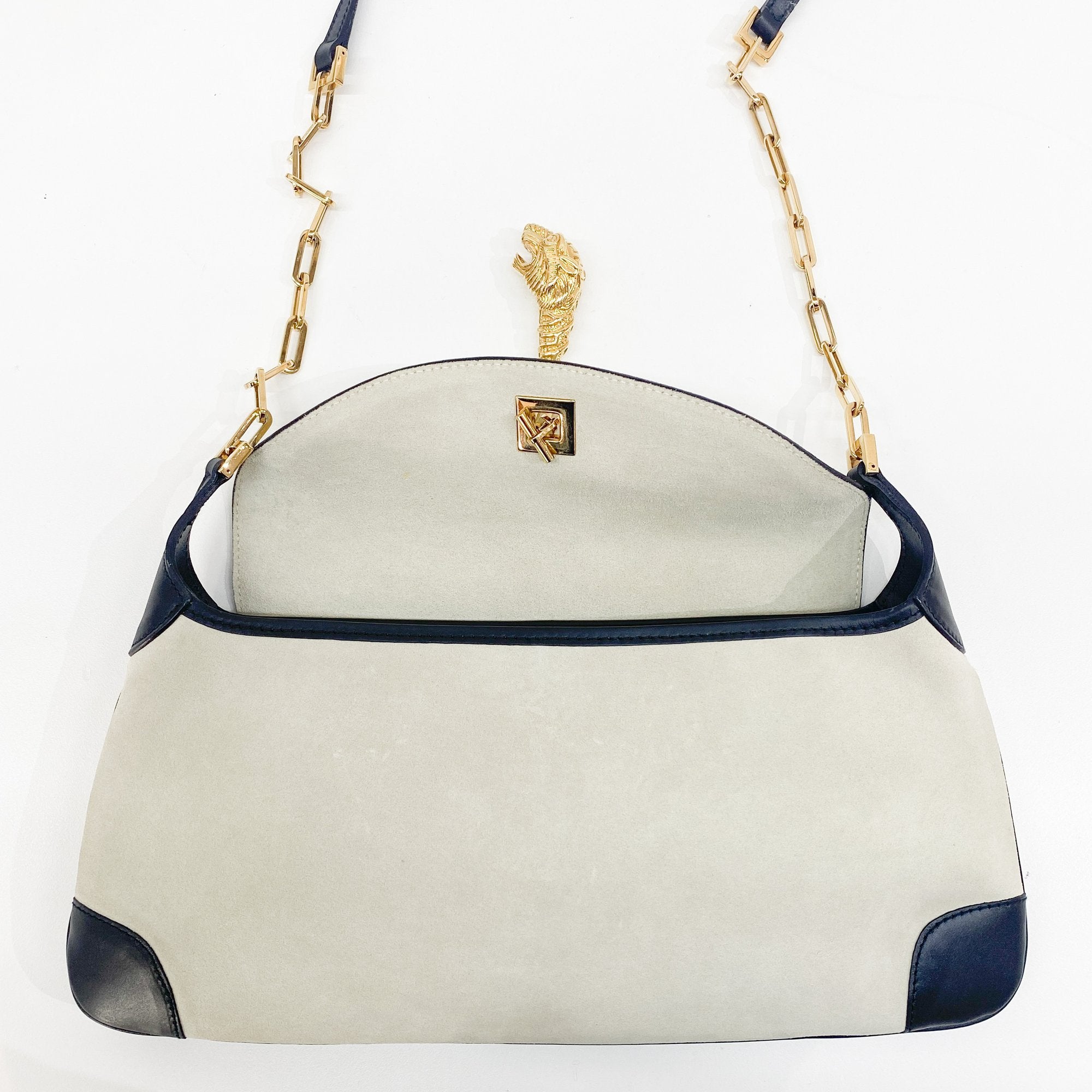 Gold Tiger Head Sand Beige Suede Shoulder Bag