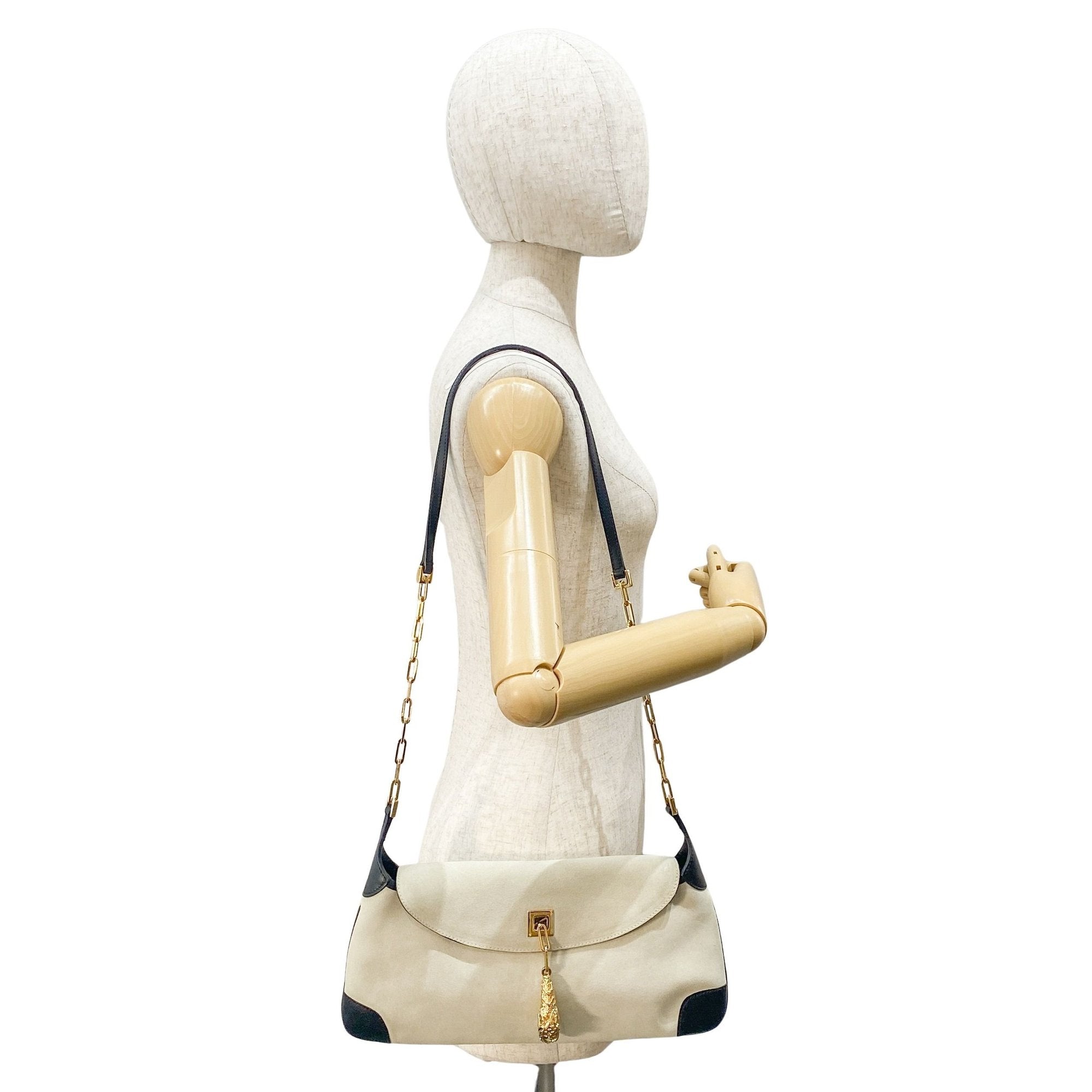 Gold Tiger Head Sand Beige Suede Shoulder Bag